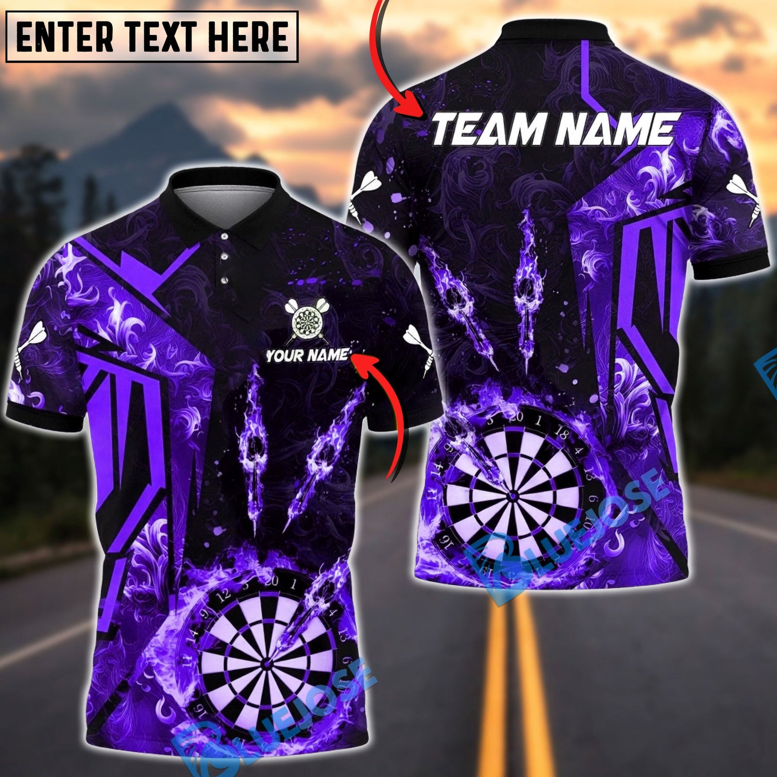 BlueJose Darts Flame Dartboard Darts Player Three Arrows Multicolor Options Personalized Name Shirt (4 Colors)