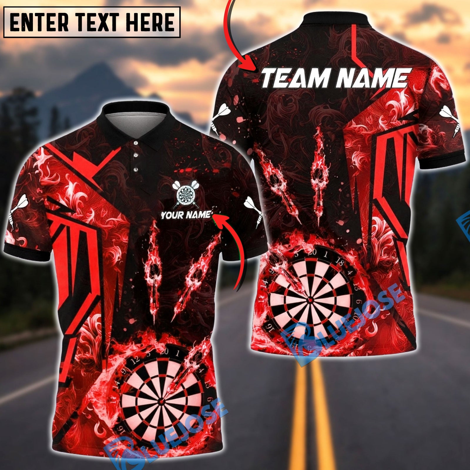 BlueJose Darts Flame Dartboard Darts Player Three Arrows Multicolor Options Personalized Name Shirt (4 Colors)