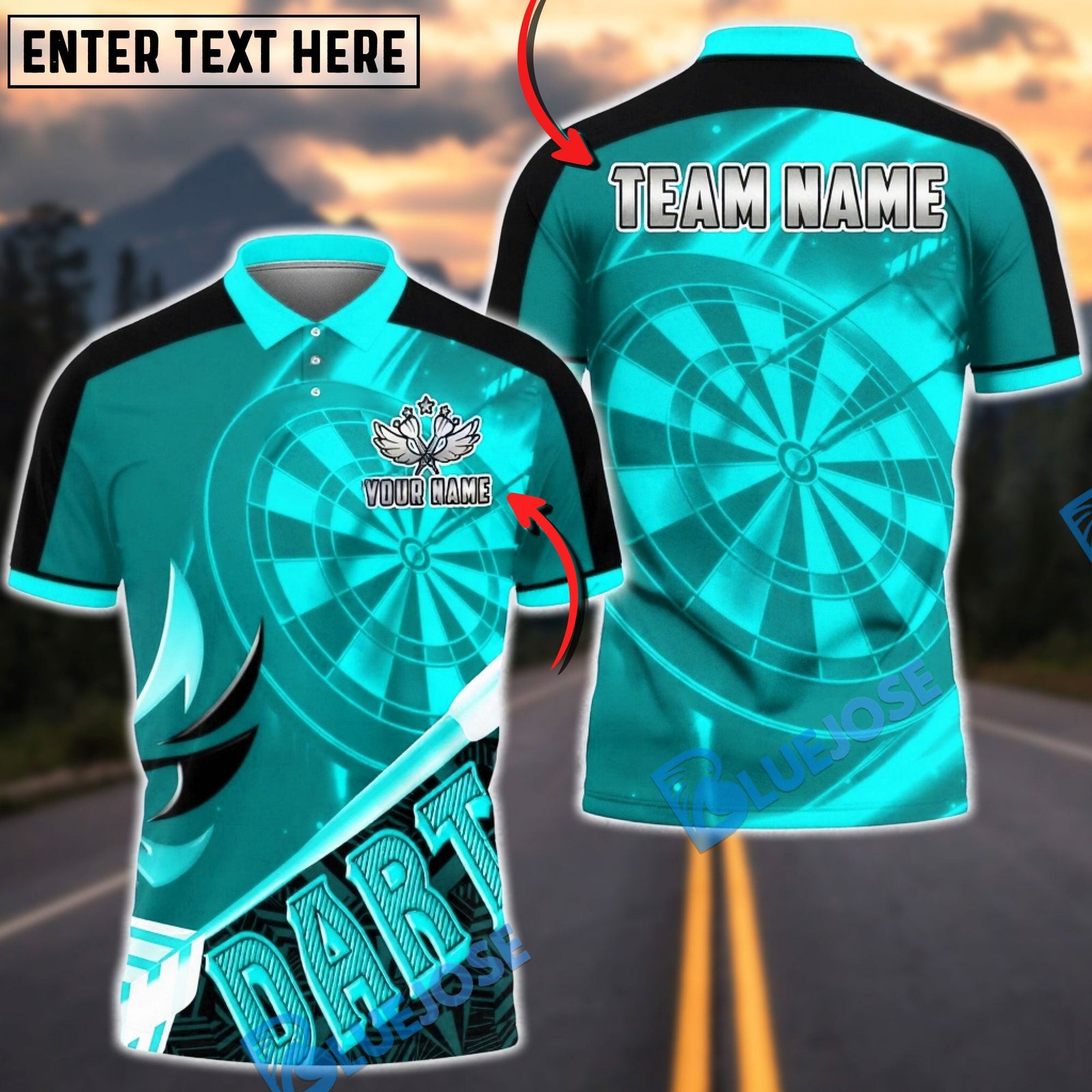 BlueJose Darts Dartboard Electric Neon Glow Graphic Personalized Name, Team Name Unisex Shirt (4 Colors)