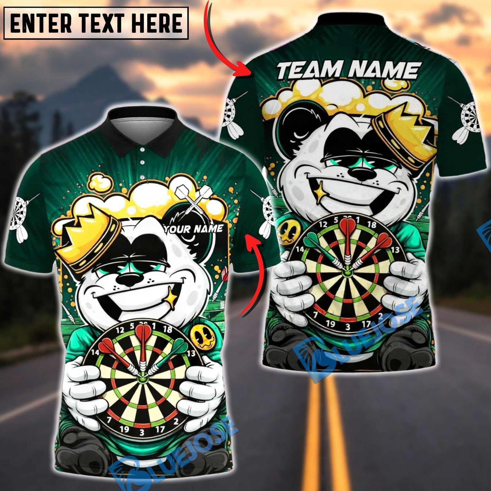 BlueJose Darts Panda King Champion Design Multicolor Options Personalized Name Shirt (4 Colors)