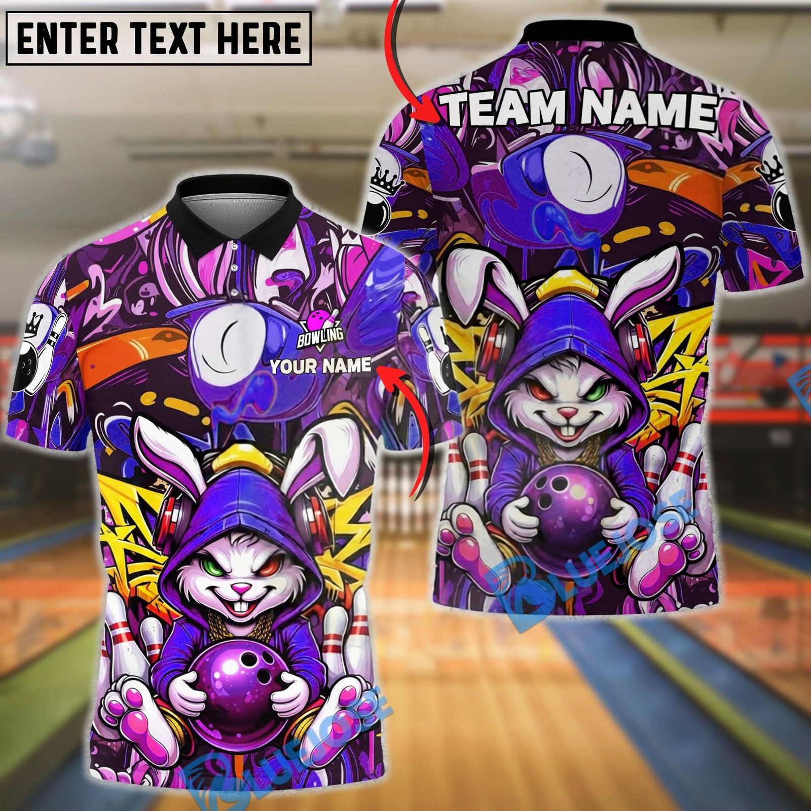 BlueJose Bowling & Pins Bunny Bowling Graffiti Hoodie Style Street Art Customized Name, Team Name 3D Shirt (4 Colors)