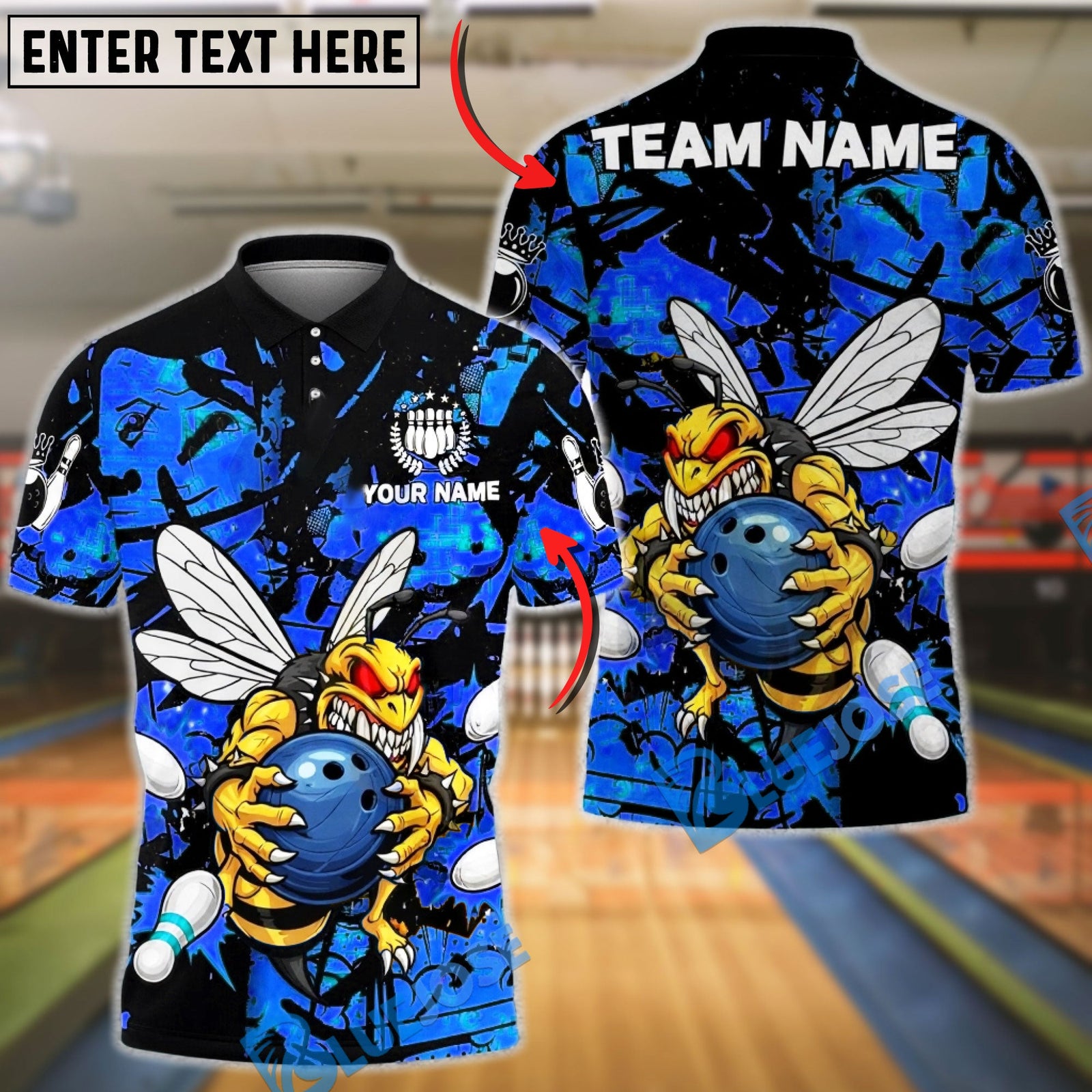 BlueJose Bowling & Pins Angry Bee Graffiti Splash Art Customized Name, Team Name 3D Shirt (6 Colors)