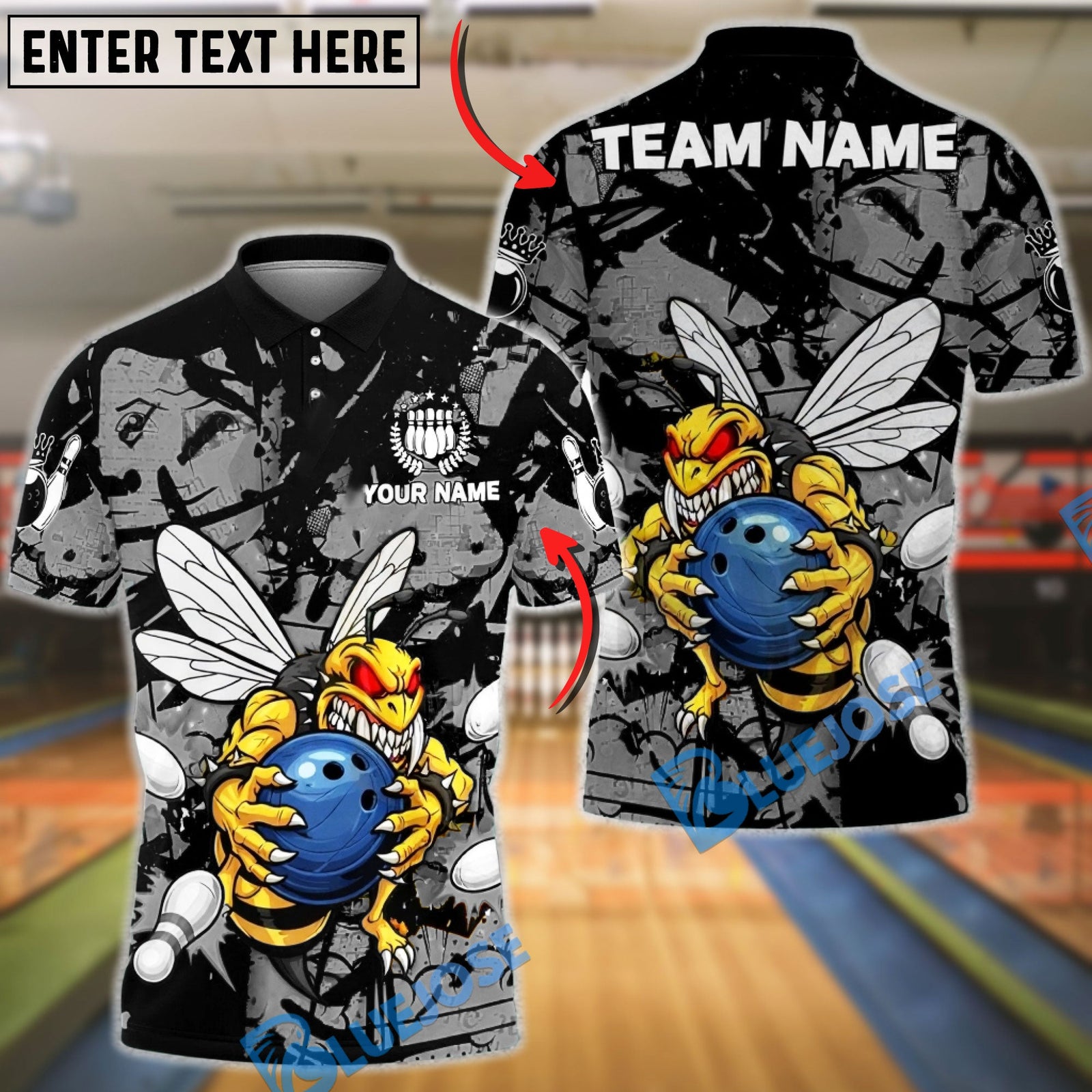 BlueJose Bowling & Pins Angry Bee Graffiti Splash Art Customized Name, Team Name 3D Shirt (6 Colors)
