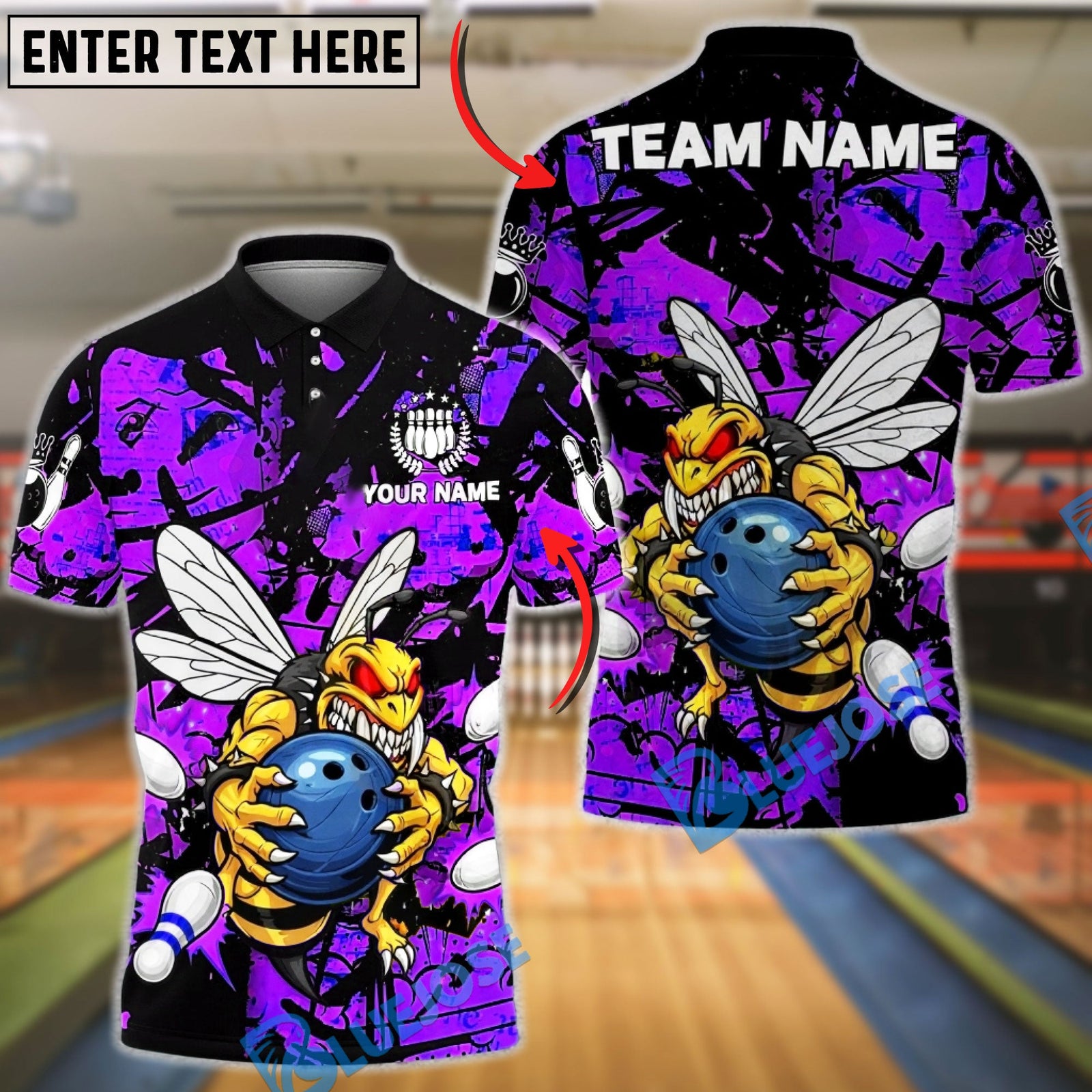 BlueJose Bowling & Pins Angry Bee Graffiti Splash Art Customized Name, Team Name 3D Shirt (6 Colors)