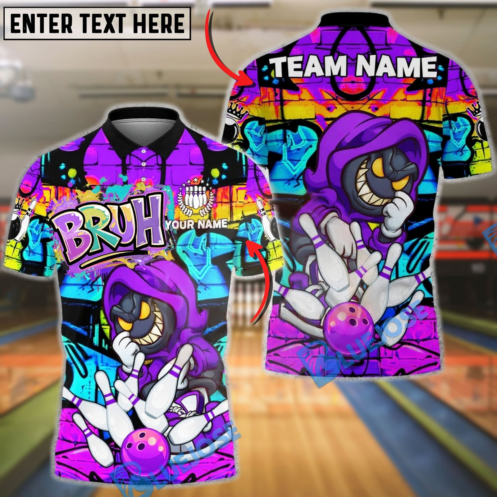 BlueJose Bowling & Pins Smile Face Neon Graffiti Customized Name, Team Name 3D Shirt (4 Colors)