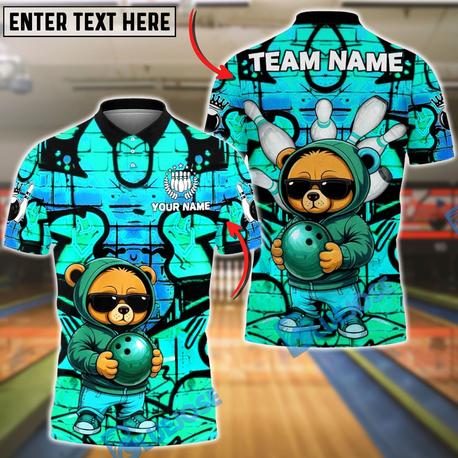 BlueJose Bowling & Pins Bear Street Style Hoodie Urban Graffiti Customized Name, Team Name 3D Shirt (4 Colors)