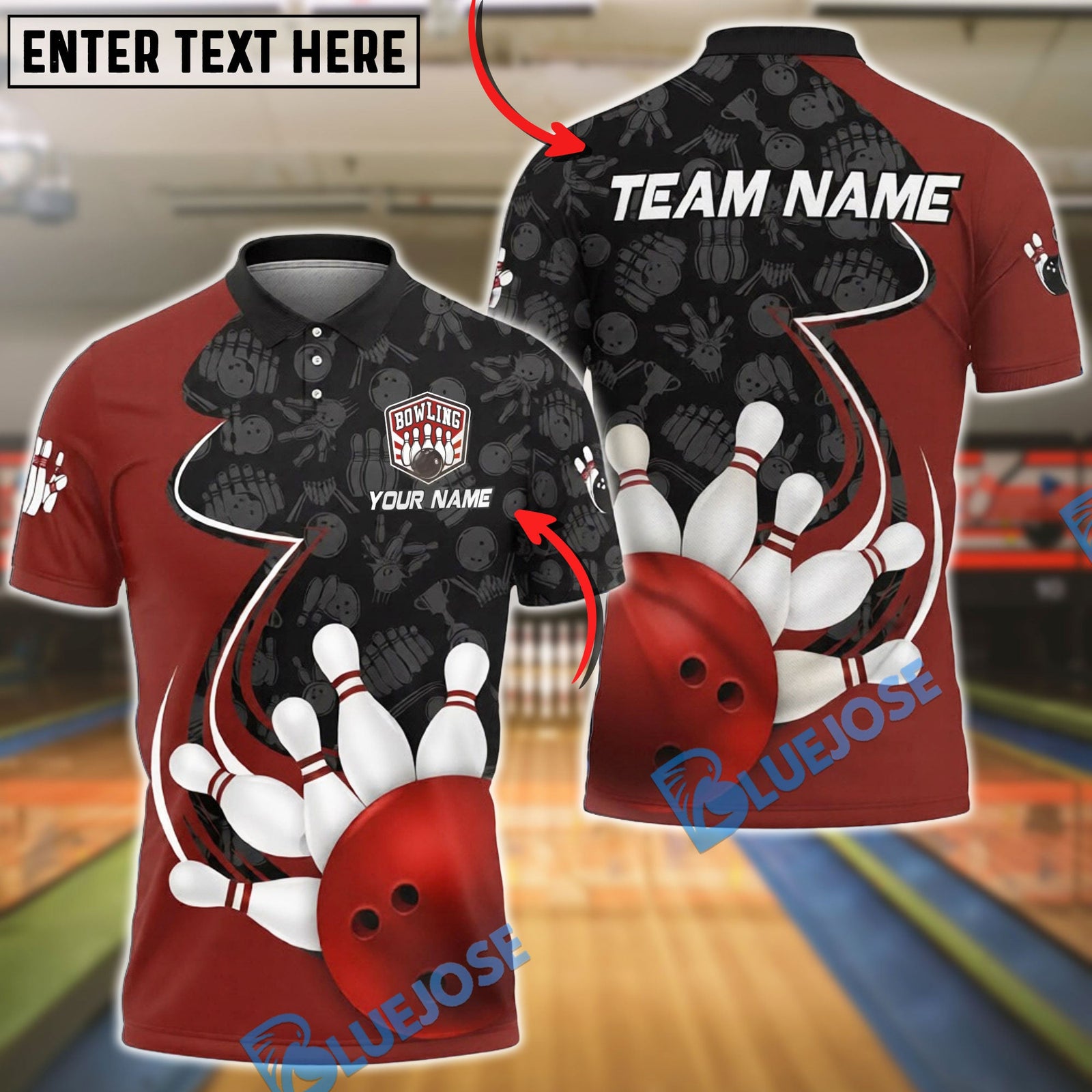 BlueJose Bowling & Pins Ball Strike Curved Graphic Pattern Customized Name, Team Name 3D Shirt (4 Colors)