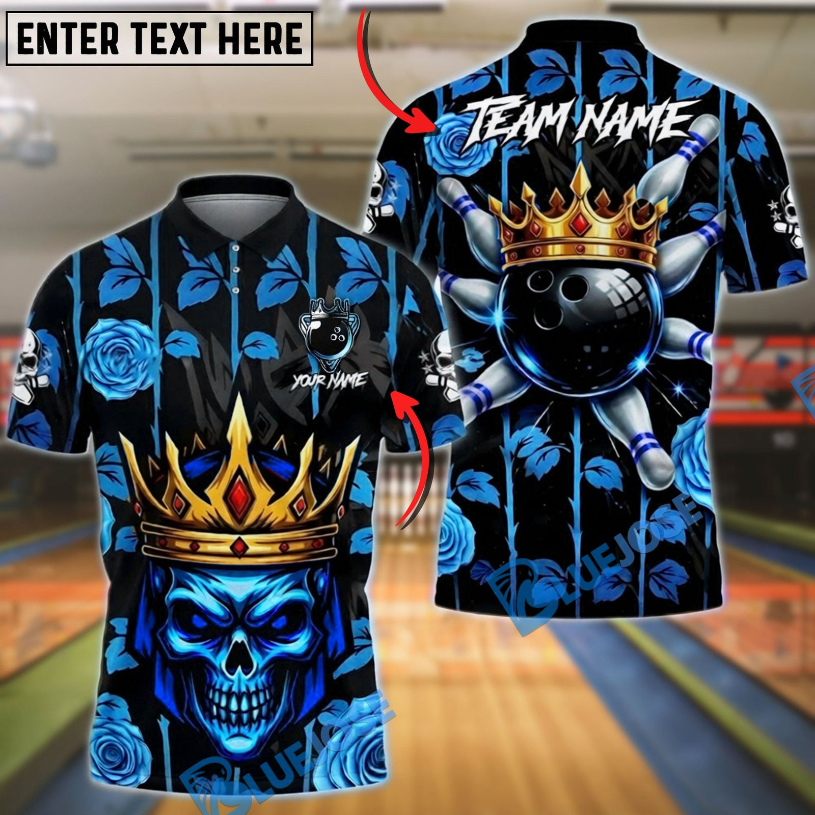 BlueJose Bowling & Pins King Skull Golden Rose Floral Customized Name, Team Name 3D Shirt (6 Colors)