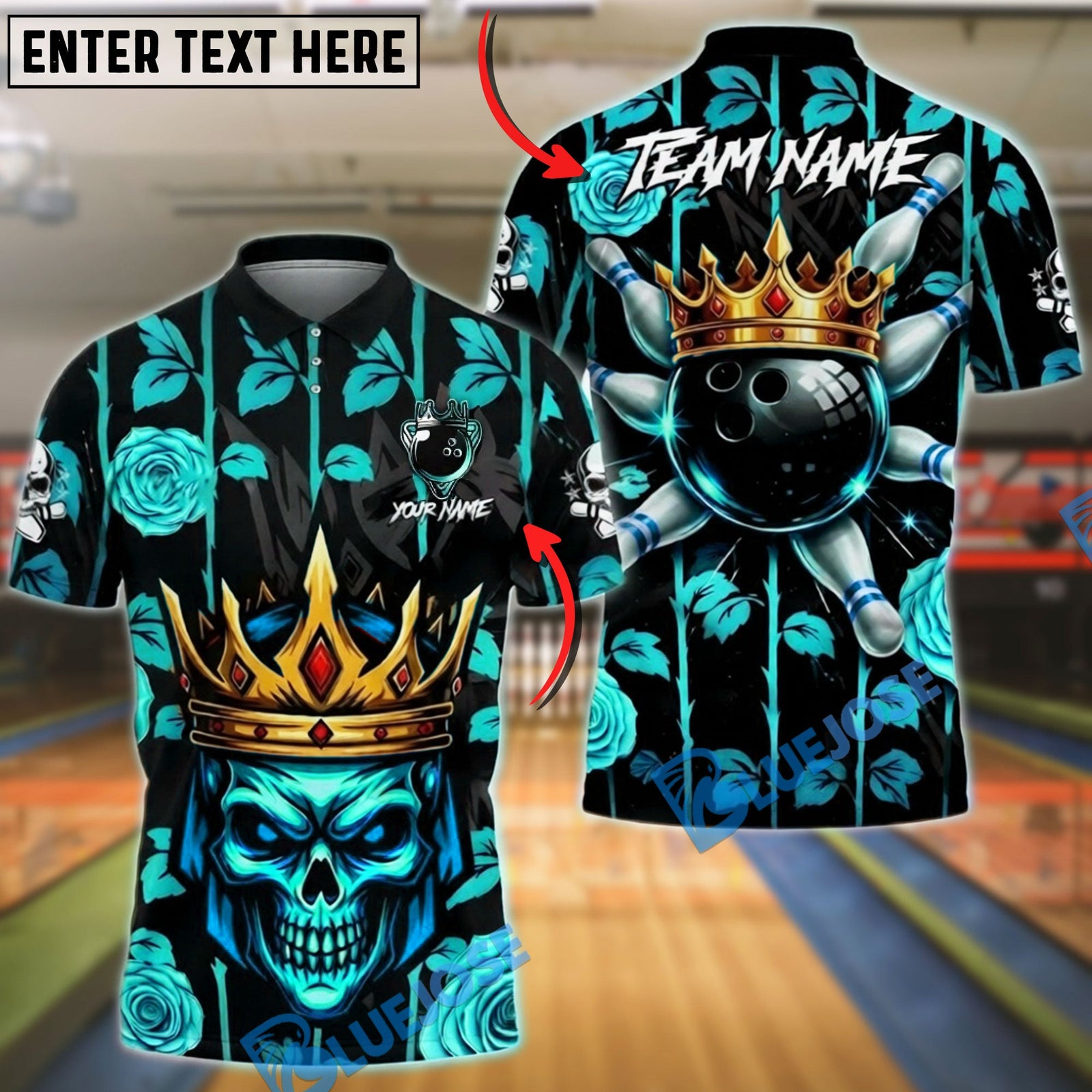 BlueJose Bowling & Pins King Skull Golden Rose Floral Customized Name, Team Name 3D Shirt (6 Colors)