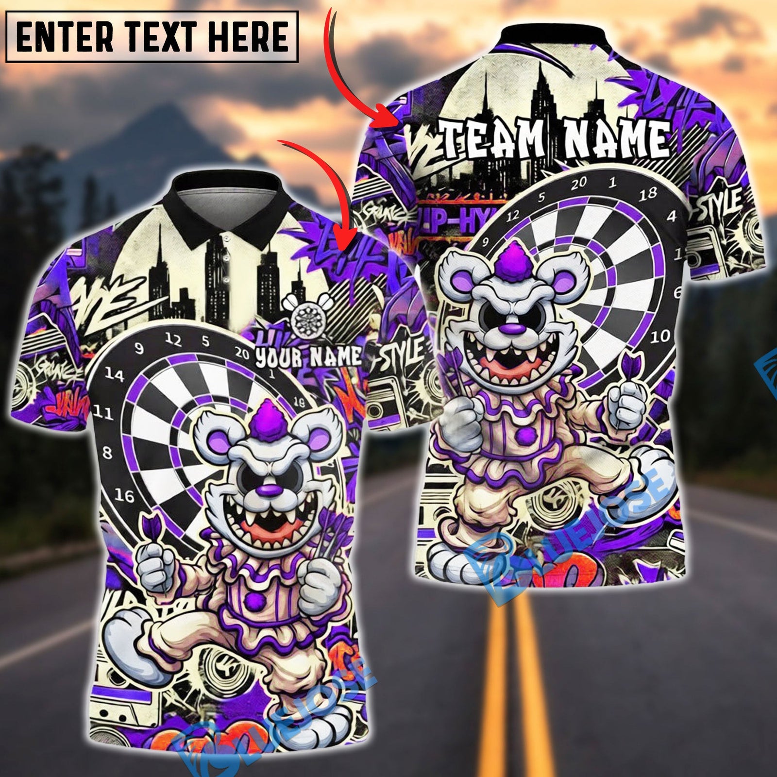 BlueJose Darts Clown Urban Graffiti Art Multicolor Options Personalized Name Shirt (4 Colors)