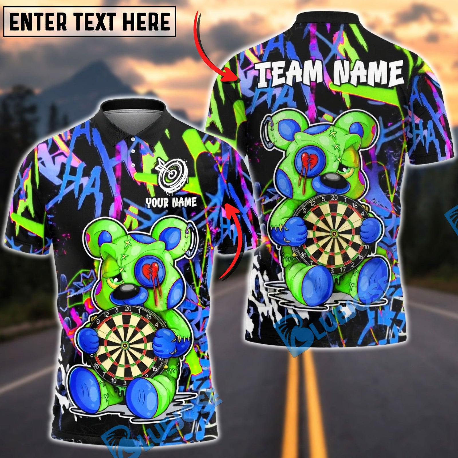 BlueJose Darts Bear Graffiti Heart Breaker Art Multicolor Options Personalized Name Shirt (6 Colors)