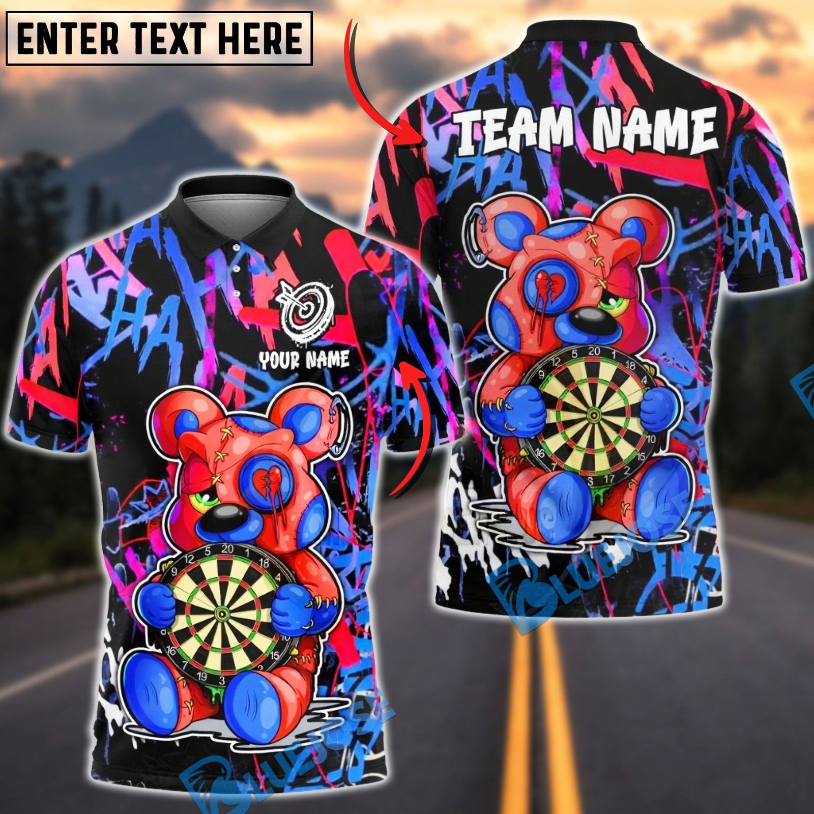 BlueJose Darts Bear Graffiti Heart Breaker Art Multicolor Options Personalized Name Shirt (6 Colors)