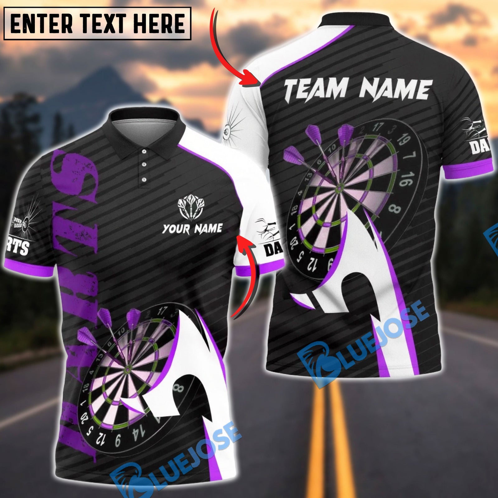 BlueJose Darts Sport Arrow Motion Design Multicolor Options Personalized Name Shirt (4 Colors)