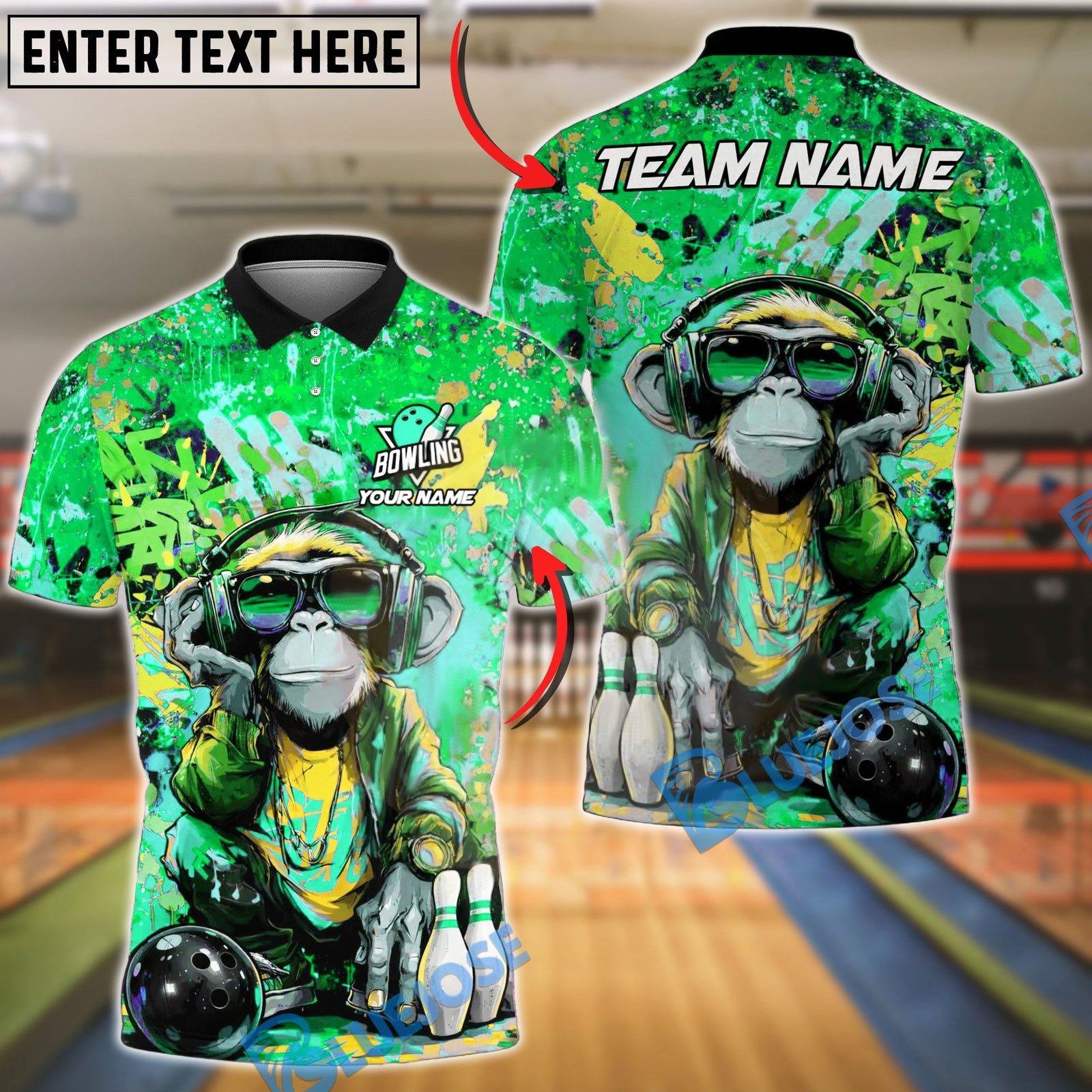 BlueJose Bowling & Pins Graffiti Monkey Street Art Headphones Customized Name, Team Name 3D Shirt (4 Colors)