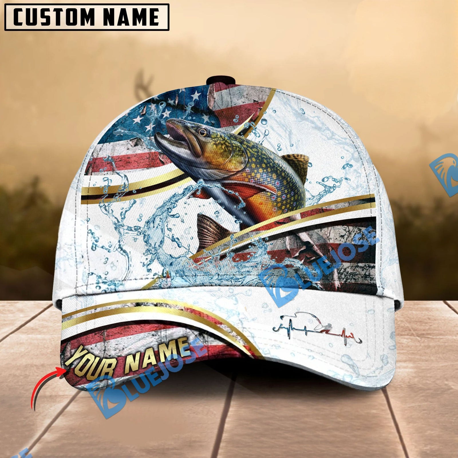 BlueJose Fishing Power Strike Vintage American Flag Design Personalized Cap (12 Breeds)