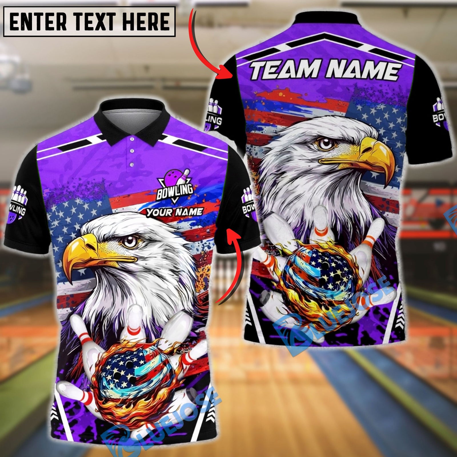 BlueJose Bowling & Pins Patriotic Eagle Flaming Strike Customized Name, Team Name 3D Shirt (4 Colors)