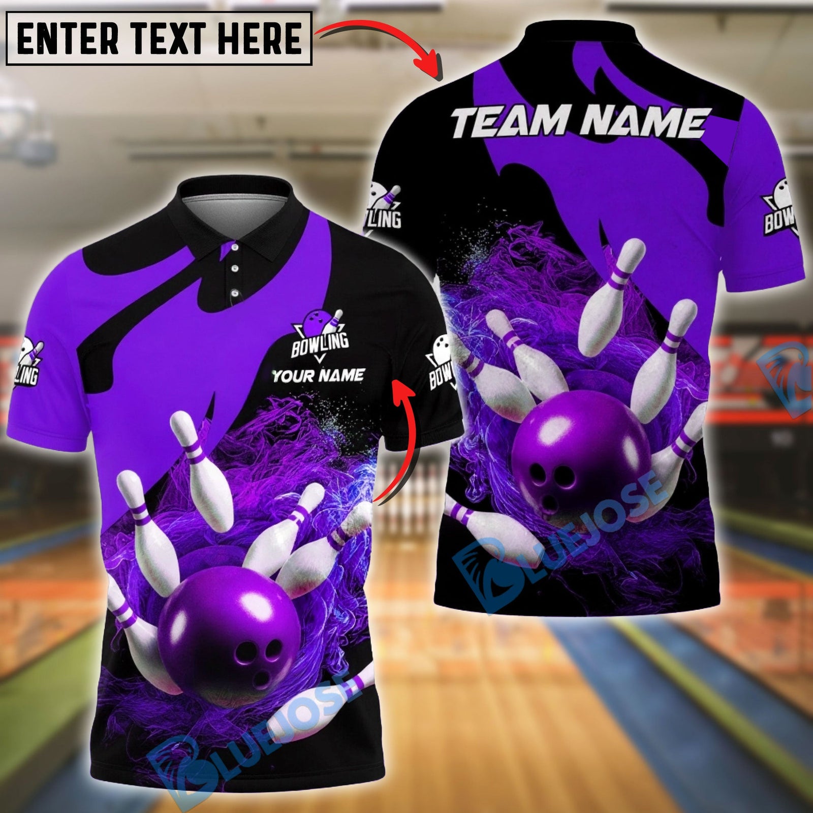 BlueJose Bowling & Pins Flame Swirl Power Shot Customized Name, Team Name 3D Shirt (4 Colors)