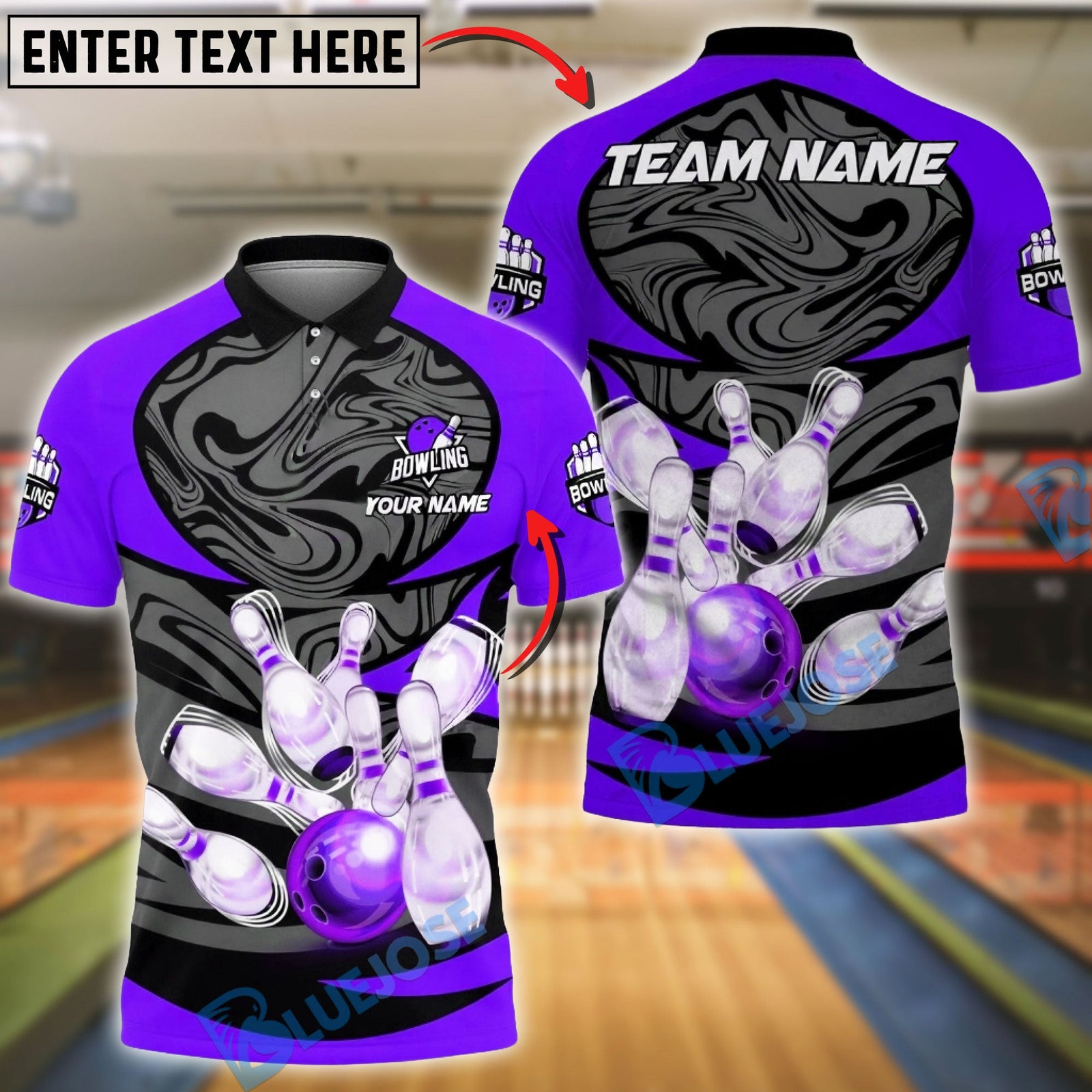 BlueJose Bowling & Pins Strike Glossy Pins Motion Art Customized Name, Team Name 3D Shirt (4 Colors)