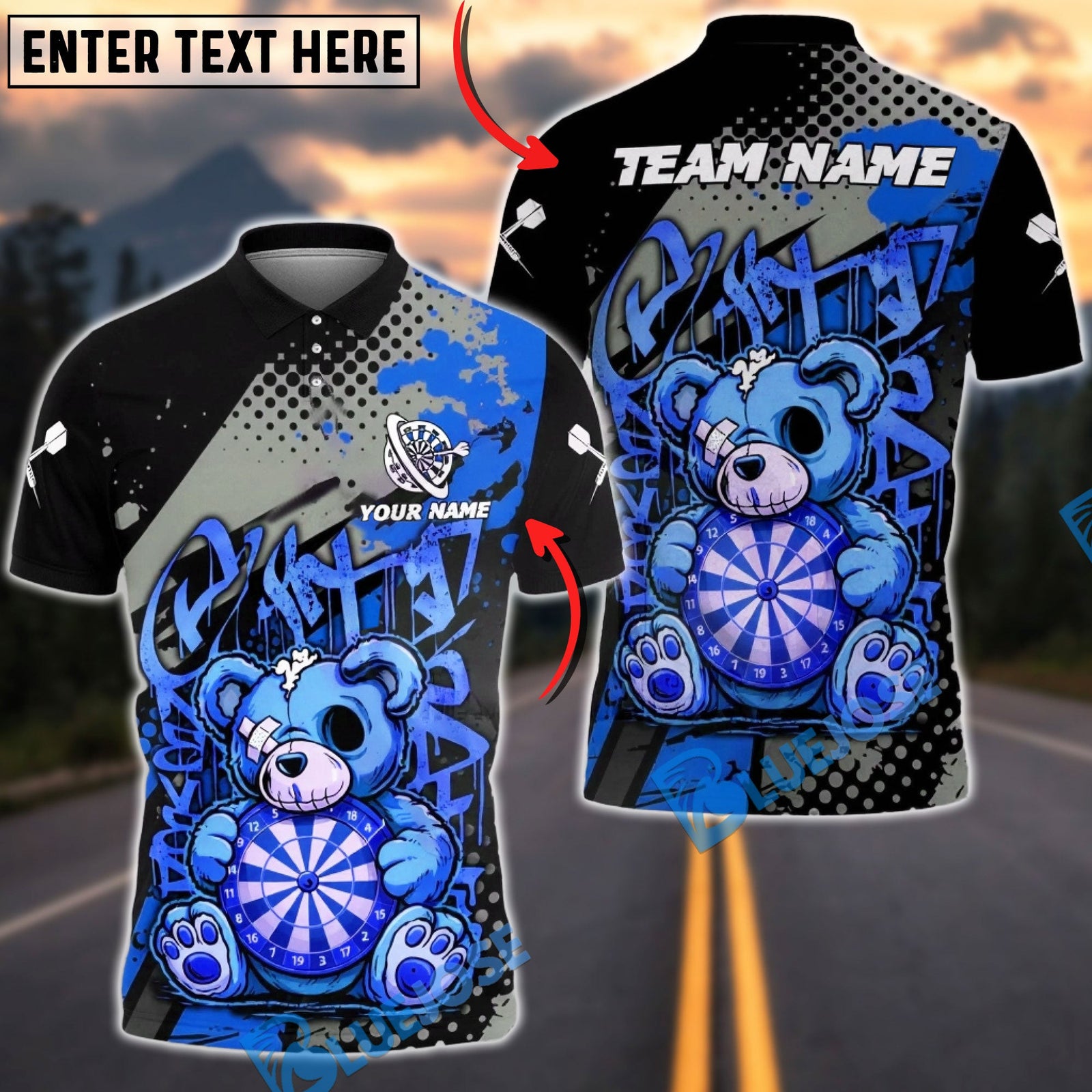 BlueJose Darts Graffiti Teddy Bear Dartboard Art Multicolor Options Personalized Name Shirt (4 Colors)
