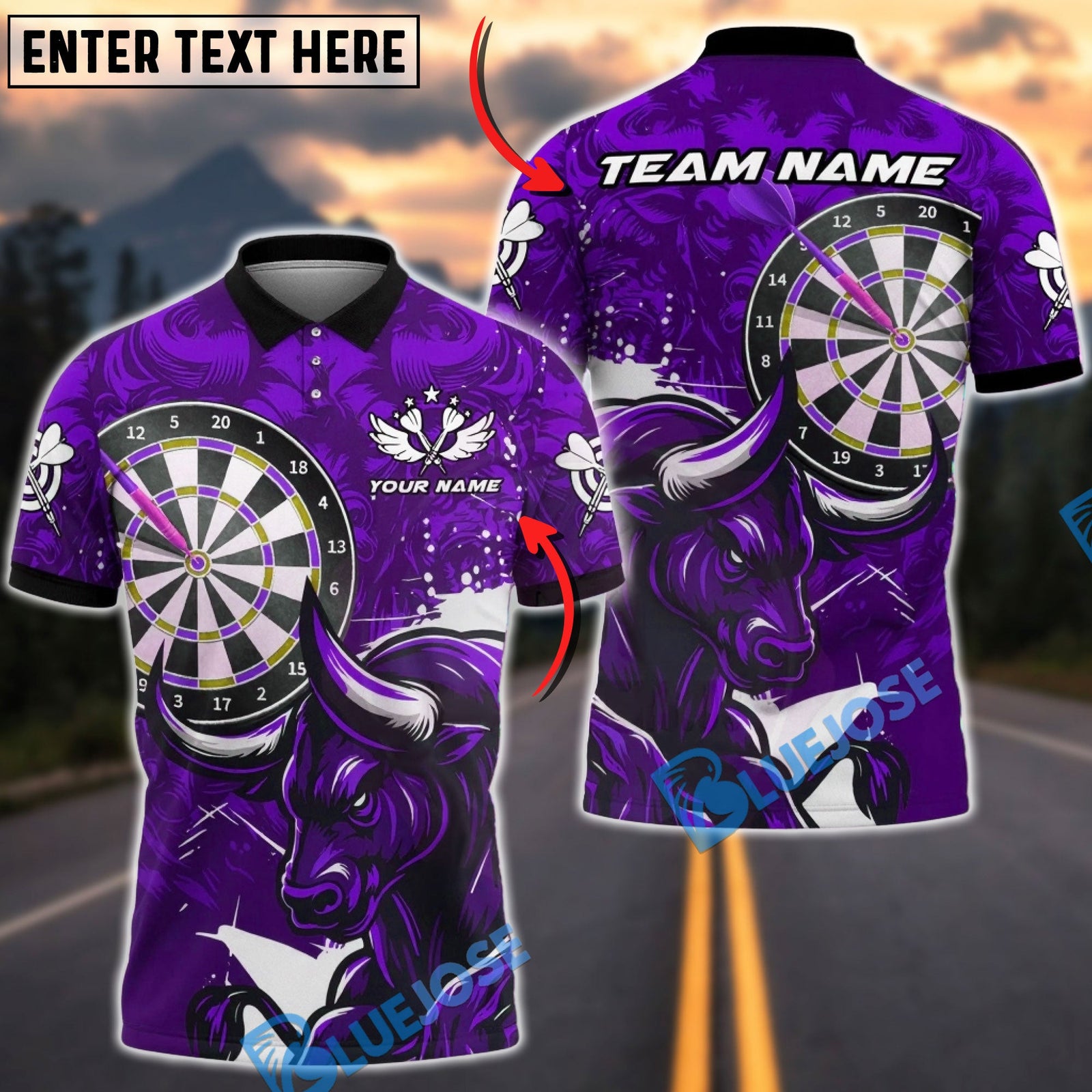 BlueJose Darts Bull Wing Emblem Style Multicolor Options Personalized Name Shirt (4 Colors)