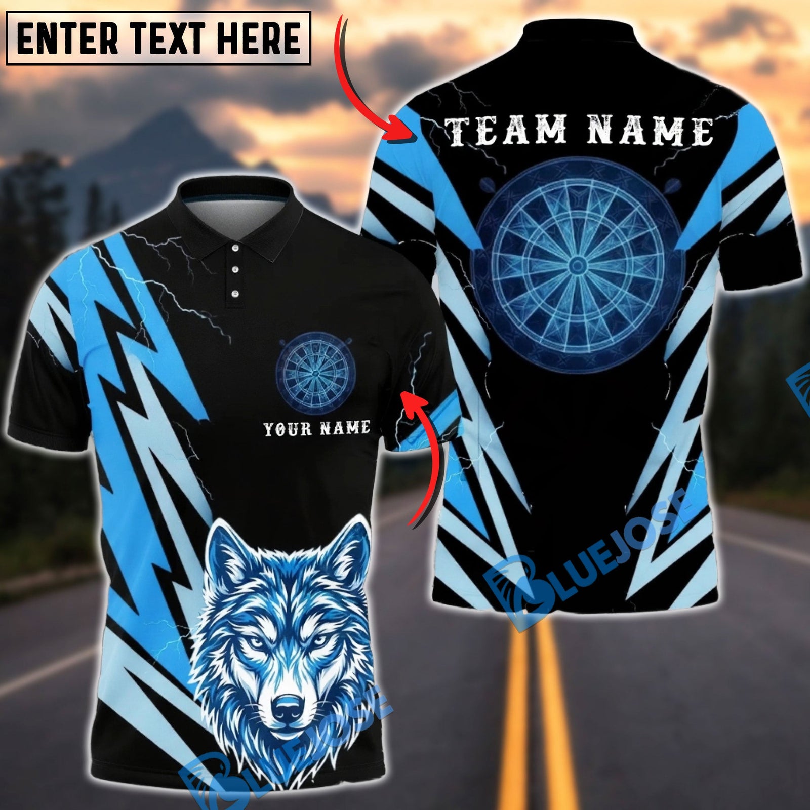 BlueJose Darts Lightning Wolf Head Graphic Personalized Name, Team Name Unisex Shirt (6 Colors)