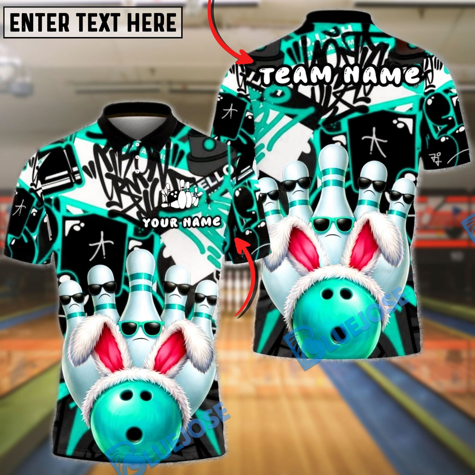 BlueJose Bowling & Pins Graffiti Bunny Pins Street Style Customized Name, Team Name 3D Shirt (4 Colors)
