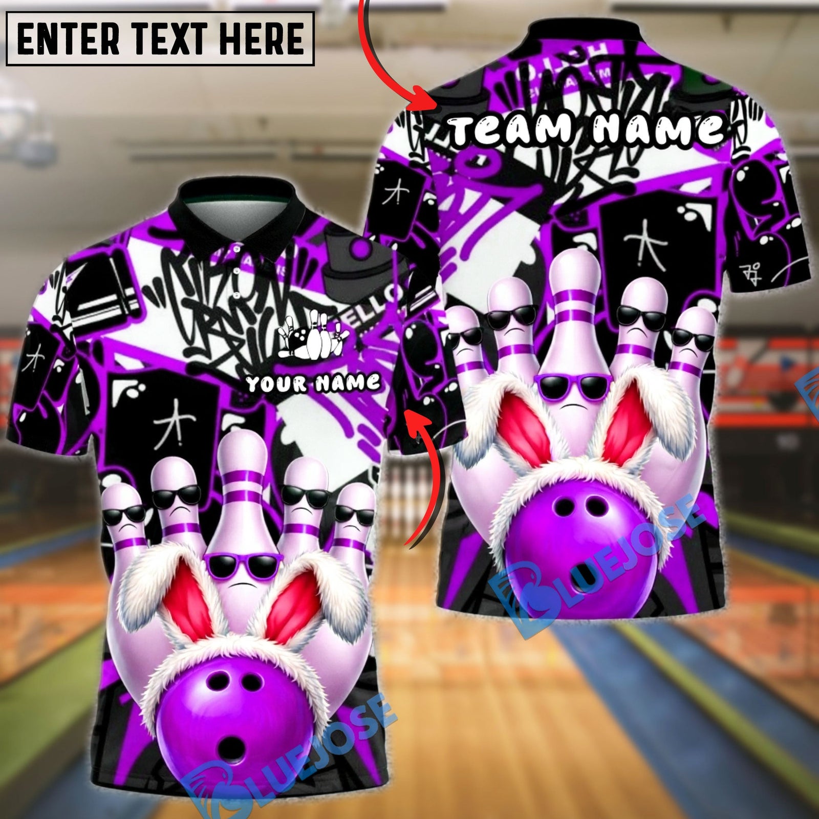 BlueJose Bowling & Pins Graffiti Bunny Pins Street Style Customized Name, Team Name 3D Shirt (4 Colors)