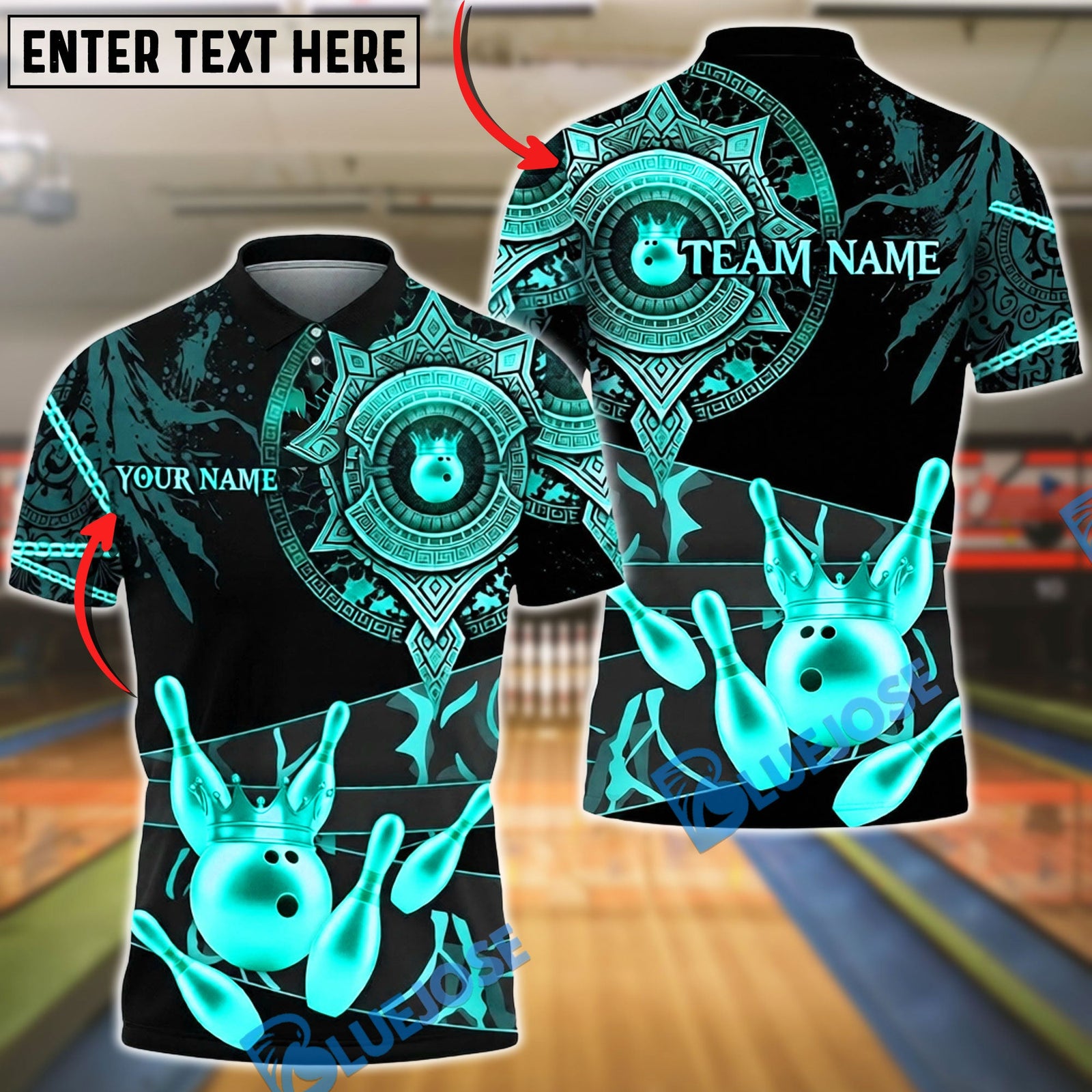 BlueJose Bowling & Pins Royal Gold Mandala Crown Customized Name, Team Name 3D Shirt (6 Colors)