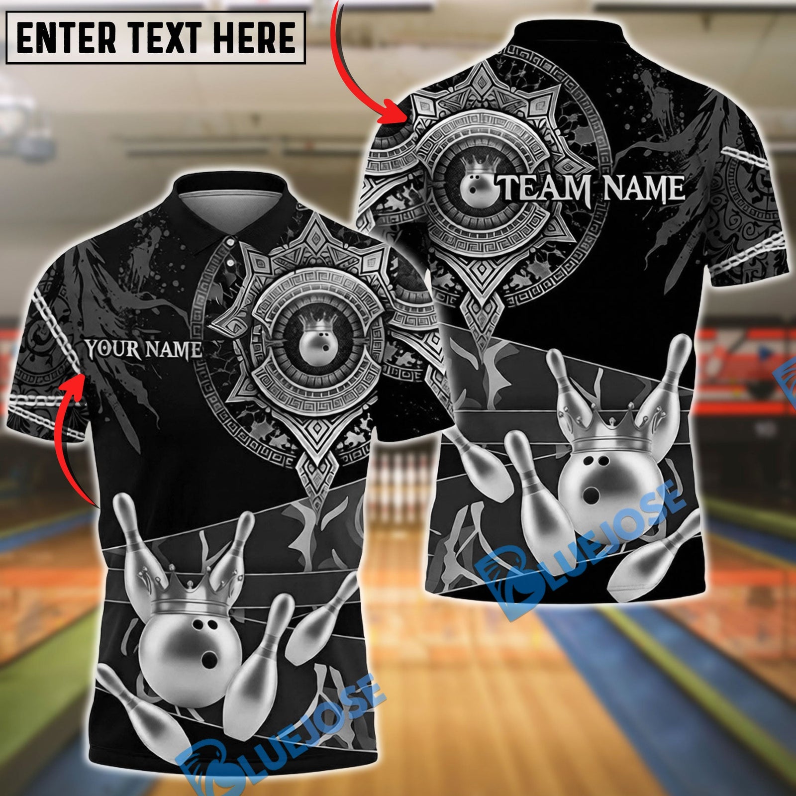 BlueJose Bowling & Pins Royal Gold Mandala Crown Customized Name, Team Name 3D Shirt (6 Colors)