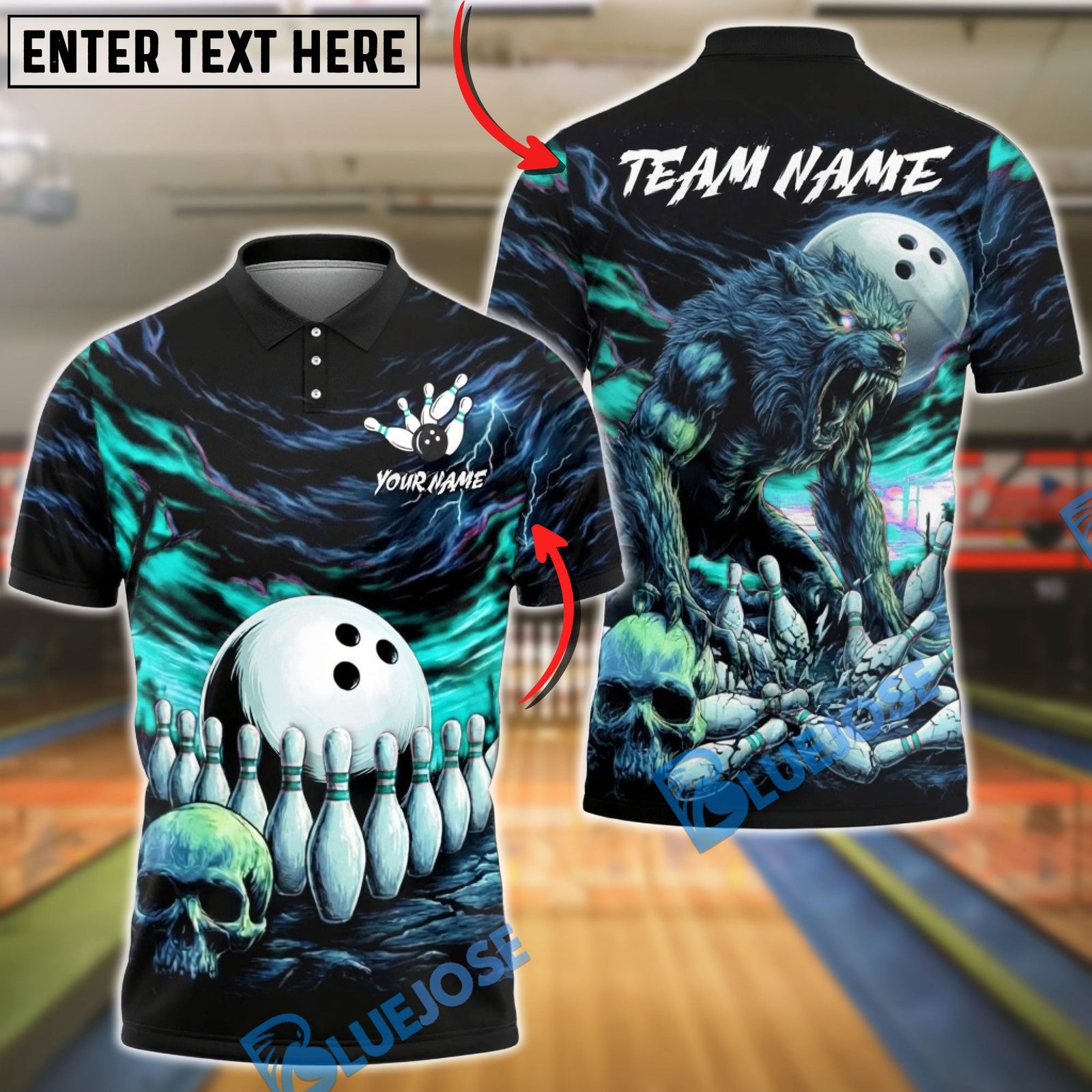BlueJose Bowling & Pins Dark Wolf Storm Artwork Customized Name, Team Name 3D Shirt (4 Colors)