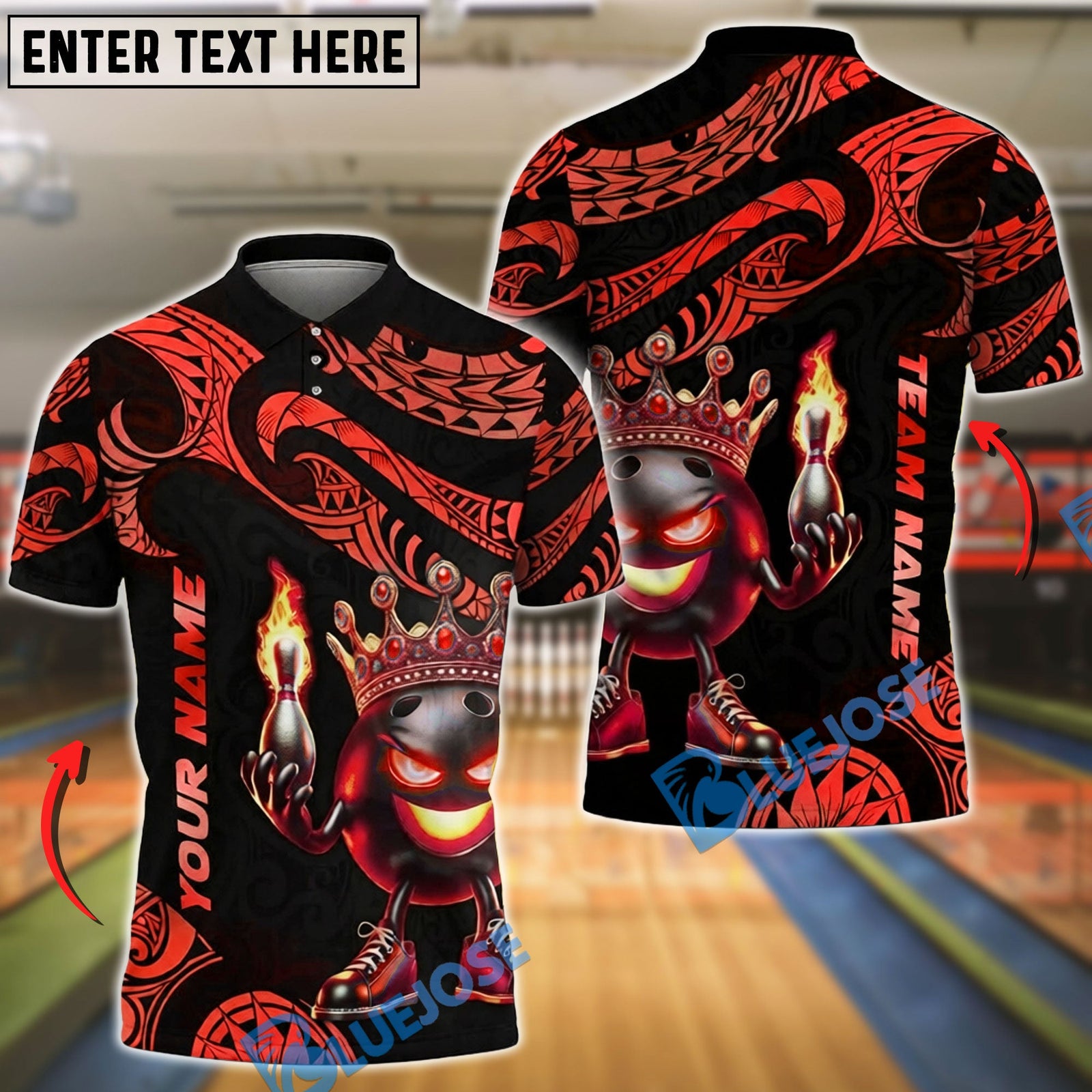 BlueJose Bowling & Pins Tribal Fire King Graphic Customized Name, Team Name 3D Shirt (4 Colors)