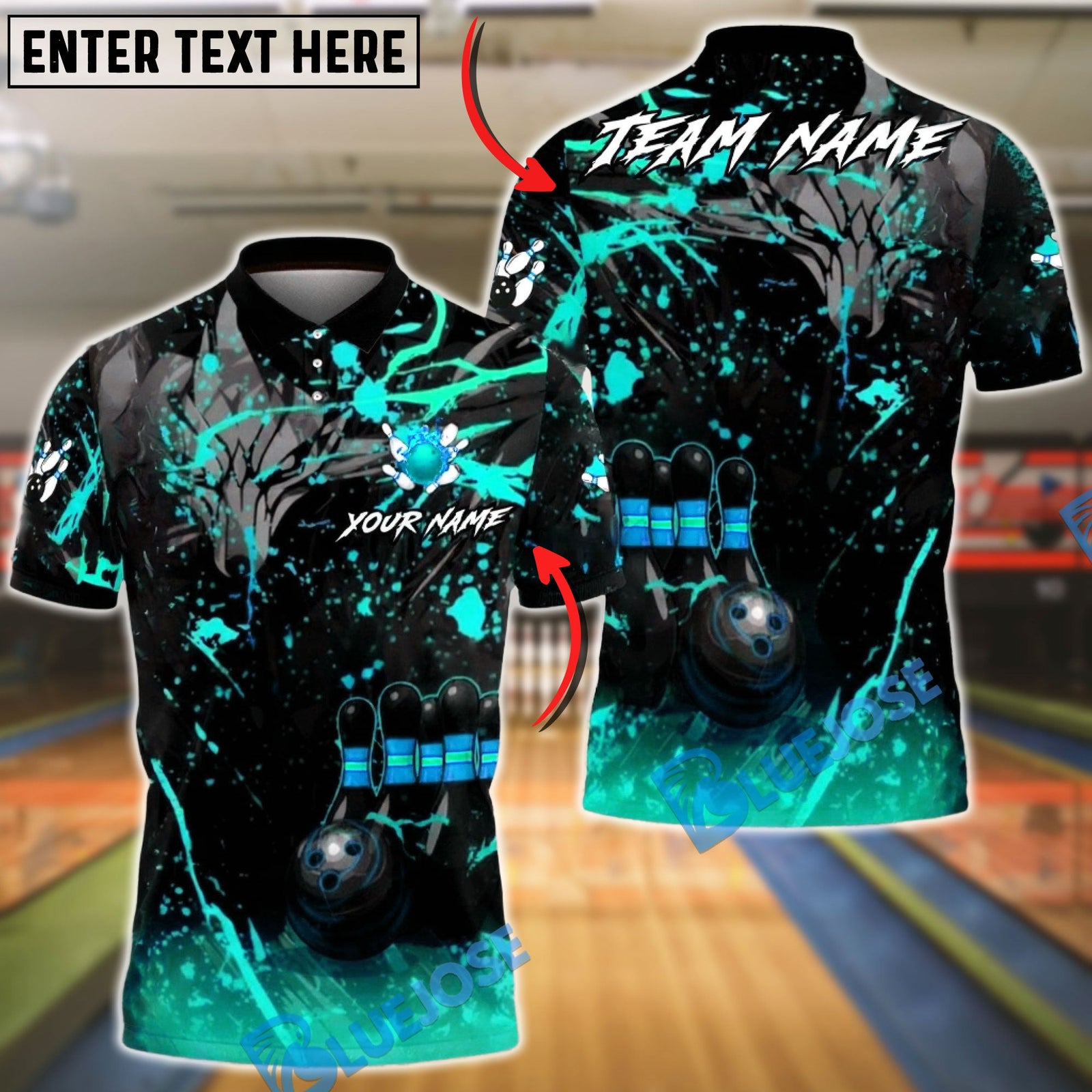 BlueJose Bowling & Pins Black Gold Flame Splash League Style Customized Name, Team Name 3D Shirt (6 Colors)