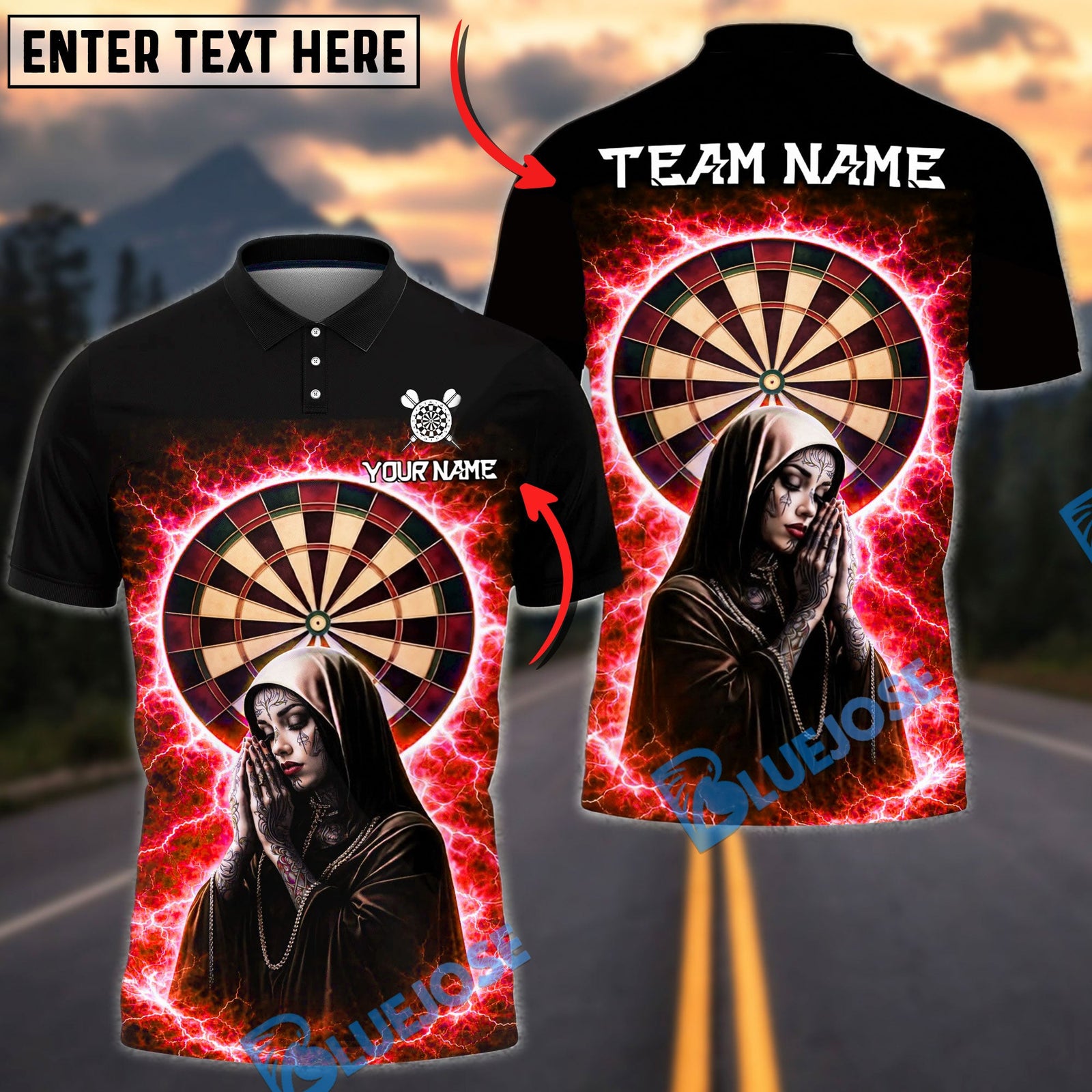 BlueJose Darts Lightning Virgin Mary Dartboard Halo Electric Storm Dark Faith Personalized Name, Team Name Unisex Shirt (4 Colors)