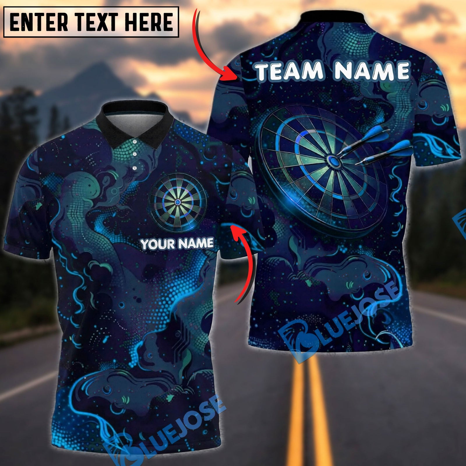 BlueJose Darts Abstract Galaxy Dartboard Neon Space Art Futuristic Style Personalized Name, Team Name Unisex Shirt (4 Colors)