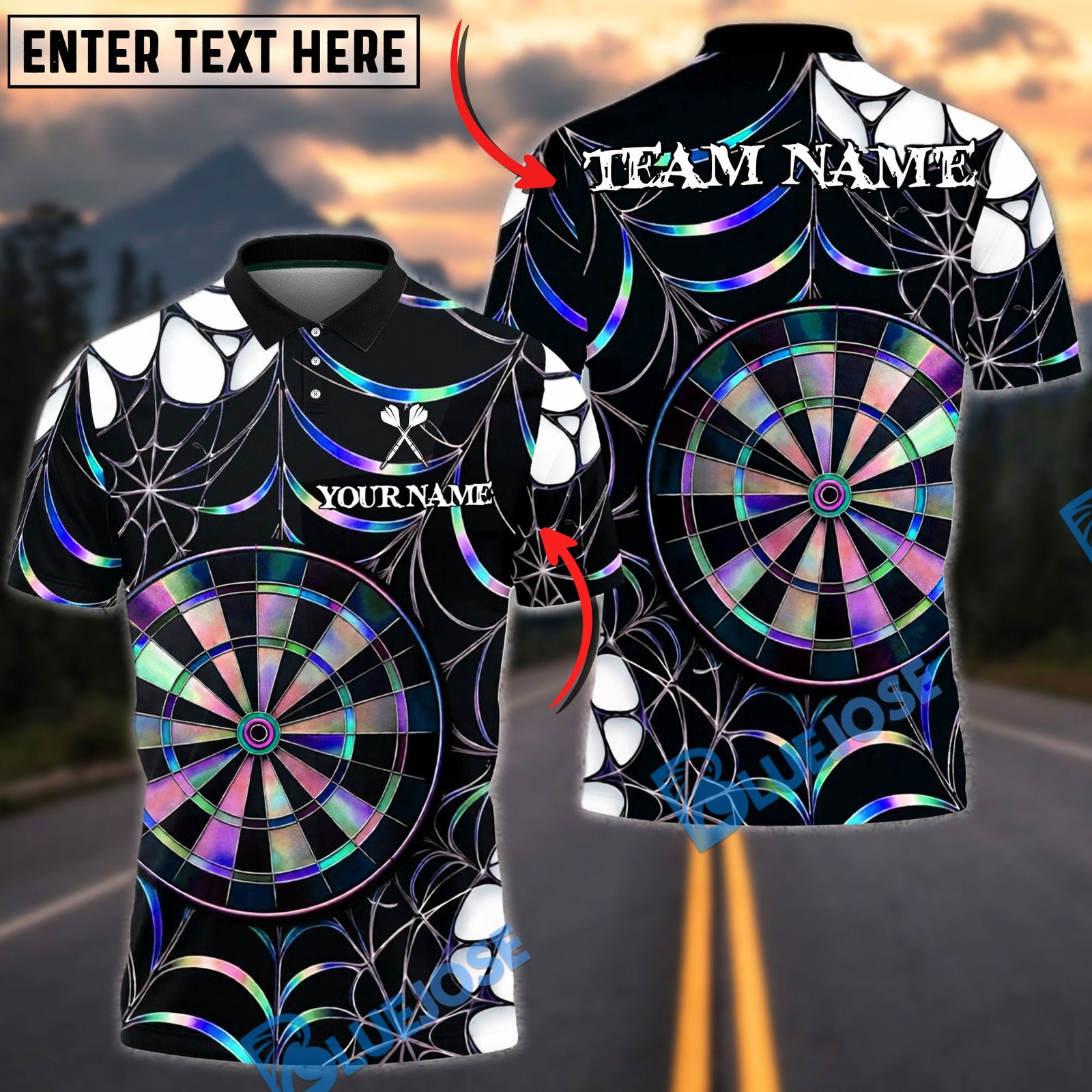 BlueJose Darts Spider Web Holographic Dartboard Dark Gothic Pattern Personalized Name, Team Name Unisex Shirt (4 Colors)