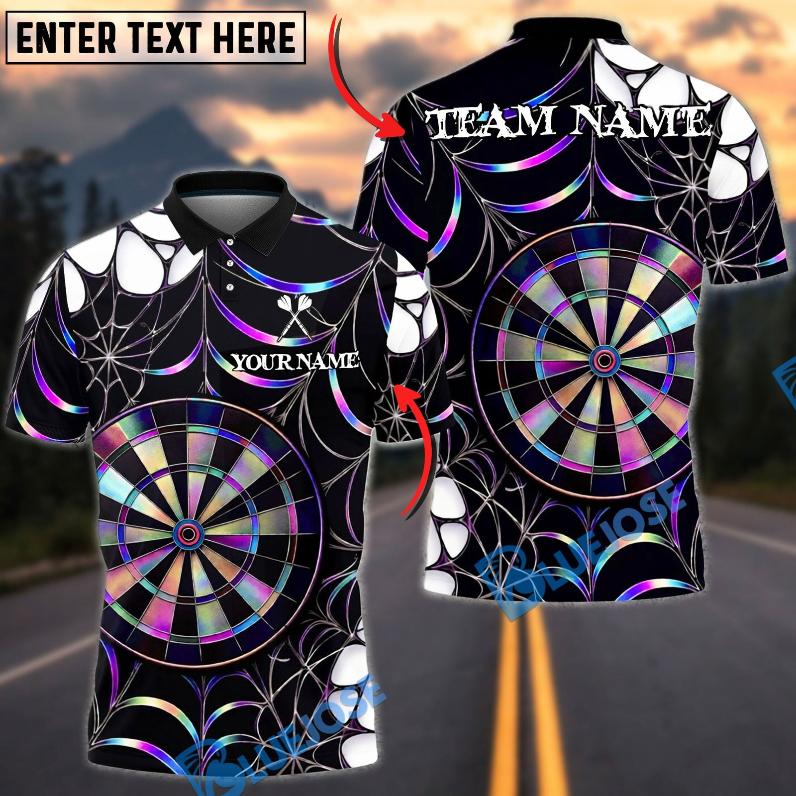 BlueJose Darts Spider Web Holographic Dartboard Dark Gothic Pattern Personalized Name, Team Name Unisex Shirt (4 Colors)
