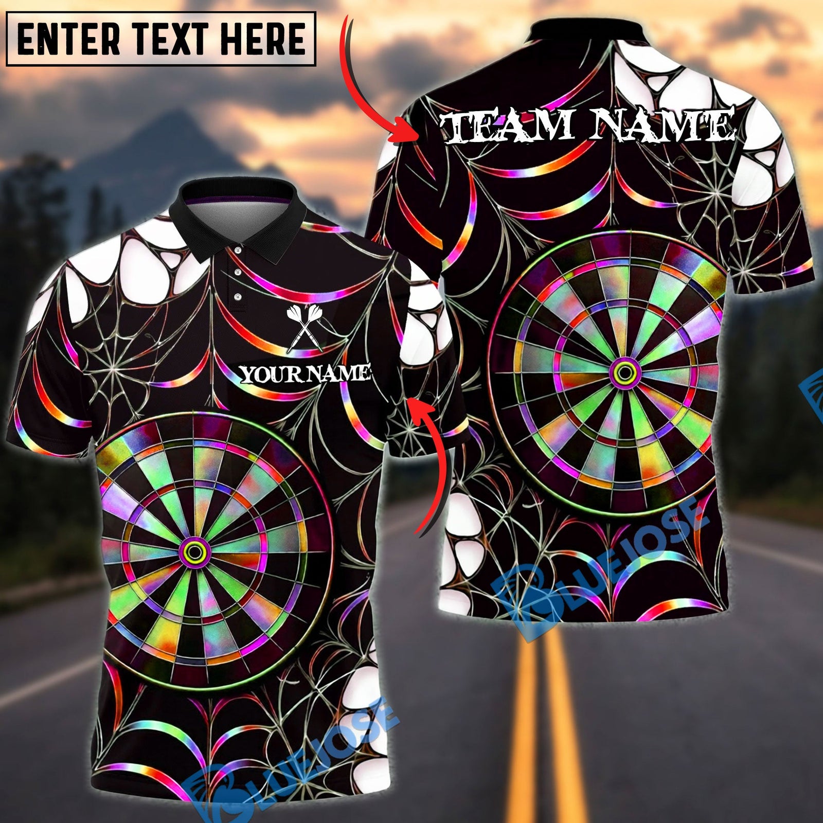 BlueJose Darts Spider Web Holographic Dartboard Dark Gothic Pattern Personalized Name, Team Name Unisex Shirt (4 Colors)