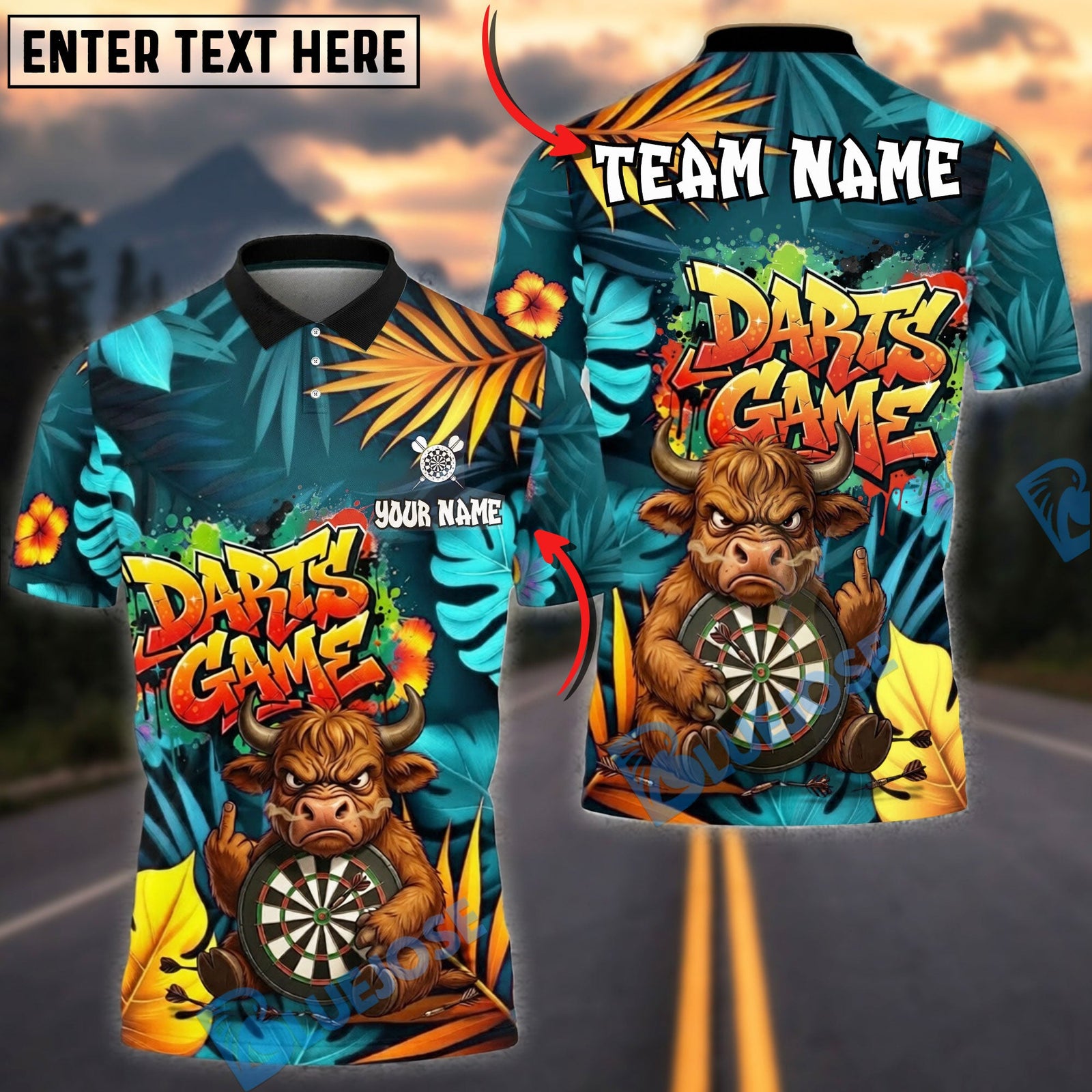 BlueJose Darts Funny Angry Bull Cartoon Dart Game Dartboard Target Personalized Name, Team Name Unisex Shirt (4 Colors)