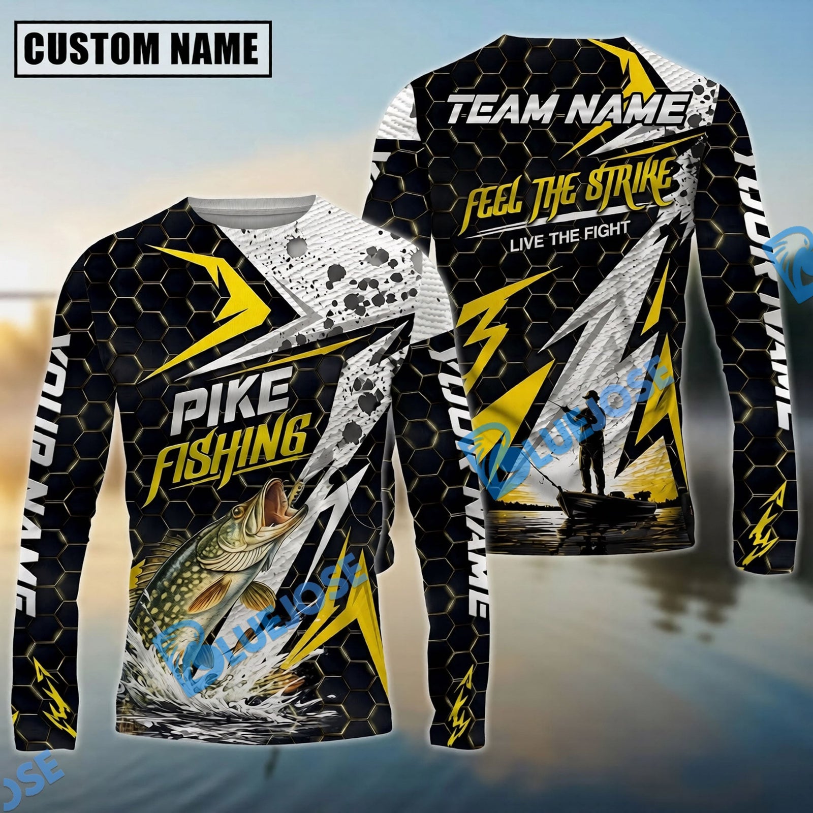 Bluejose Fishing Yellow Thunder Hexagonal Splatter Custom Name & Team Name 3D Shirts (12 Breeds)