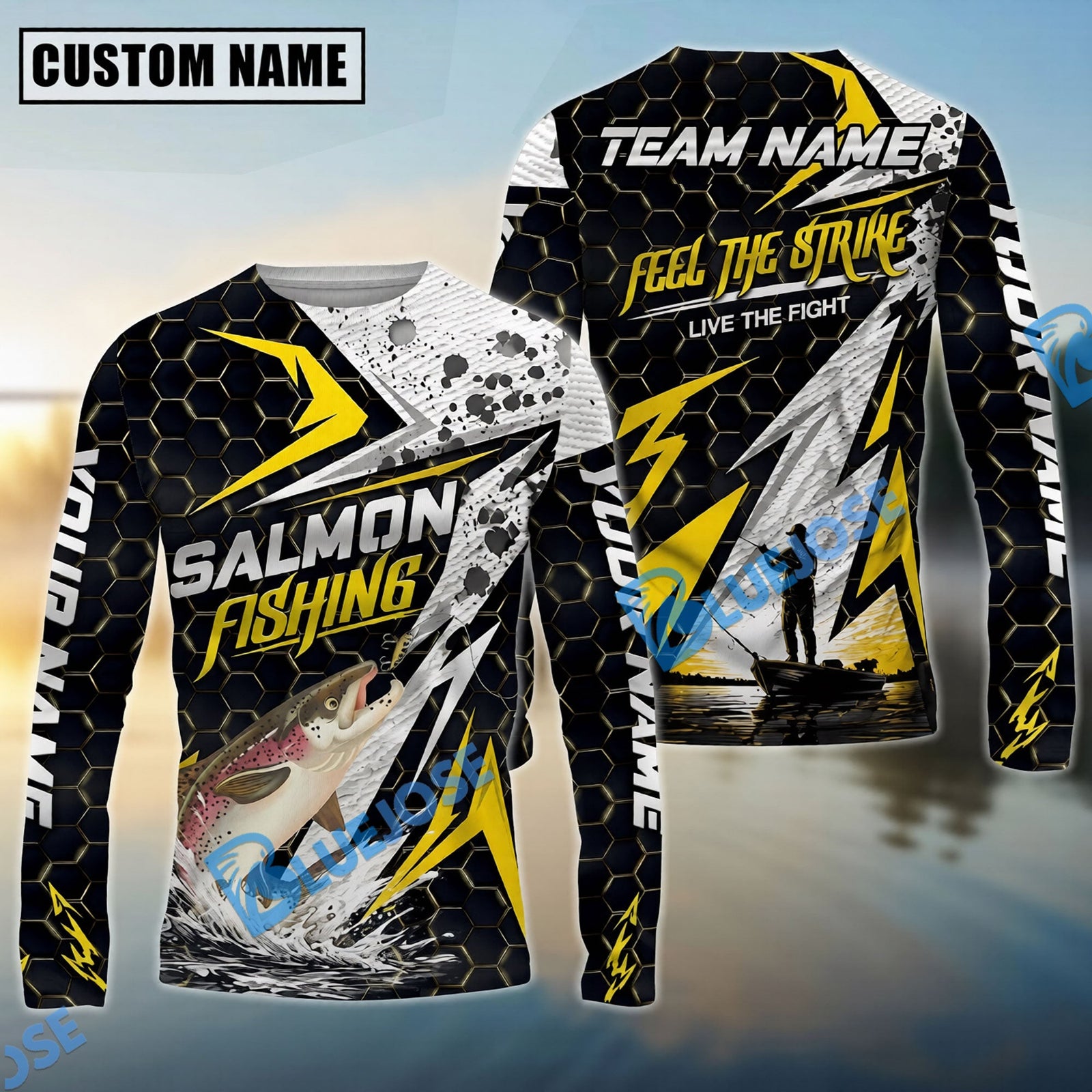 Bluejose Fishing Yellow Thunder Hexagonal Splatter Custom Name & Team Name 3D Shirts (12 Breeds)