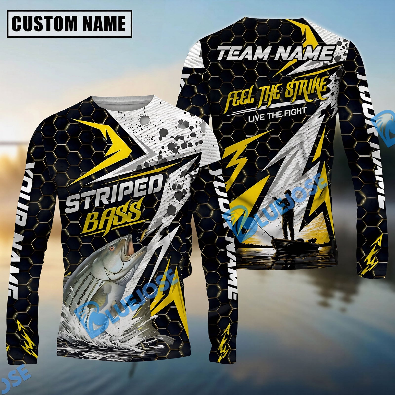 Bluejose Fishing Yellow Thunder Hexagonal Splatter Custom Name & Team Name 3D Shirts (12 Breeds)