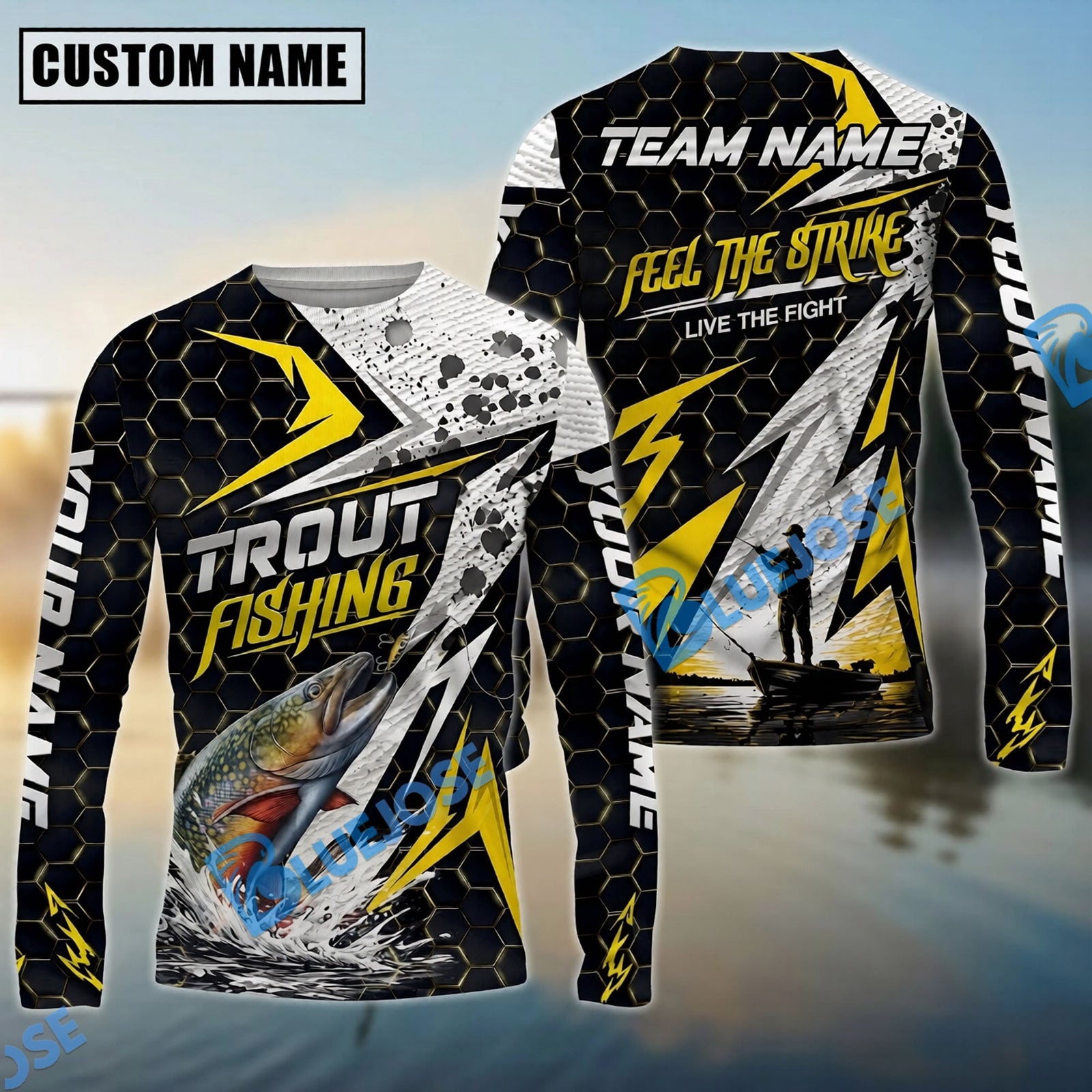 Bluejose Fishing Yellow Thunder Hexagonal Splatter Custom Name & Team Name 3D Shirts (12 Breeds)