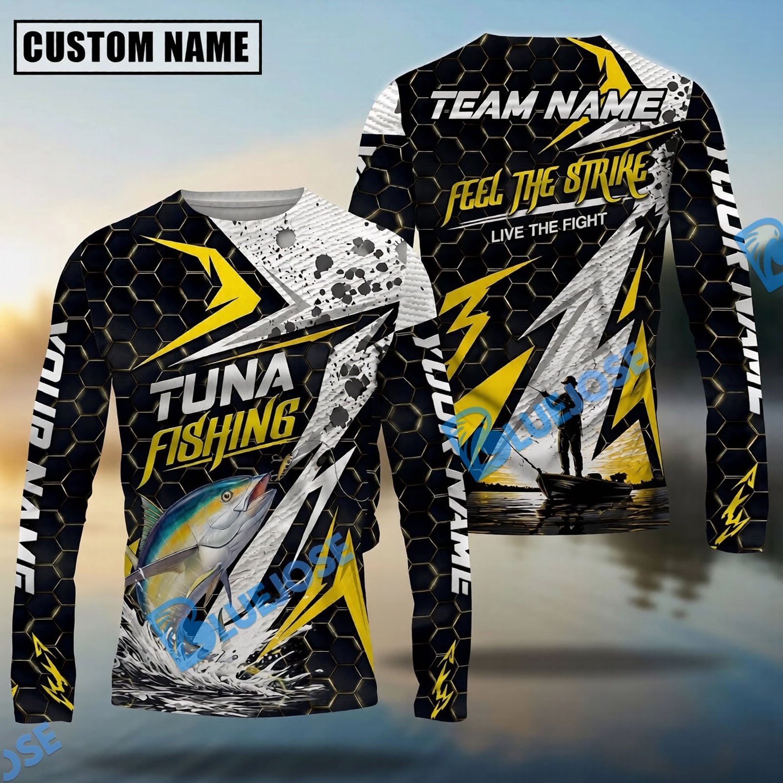 Bluejose Fishing Yellow Thunder Hexagonal Splatter Custom Name & Team Name 3D Shirts (12 Breeds)