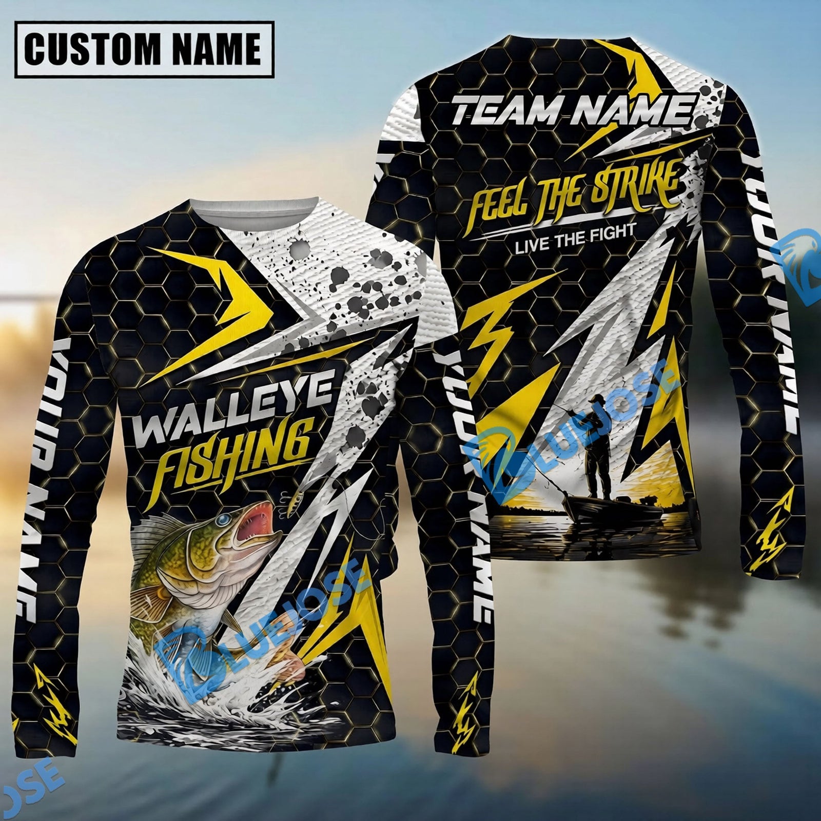 Bluejose Fishing Yellow Thunder Hexagonal Splatter Custom Name & Team Name 3D Shirts (12 Breeds)