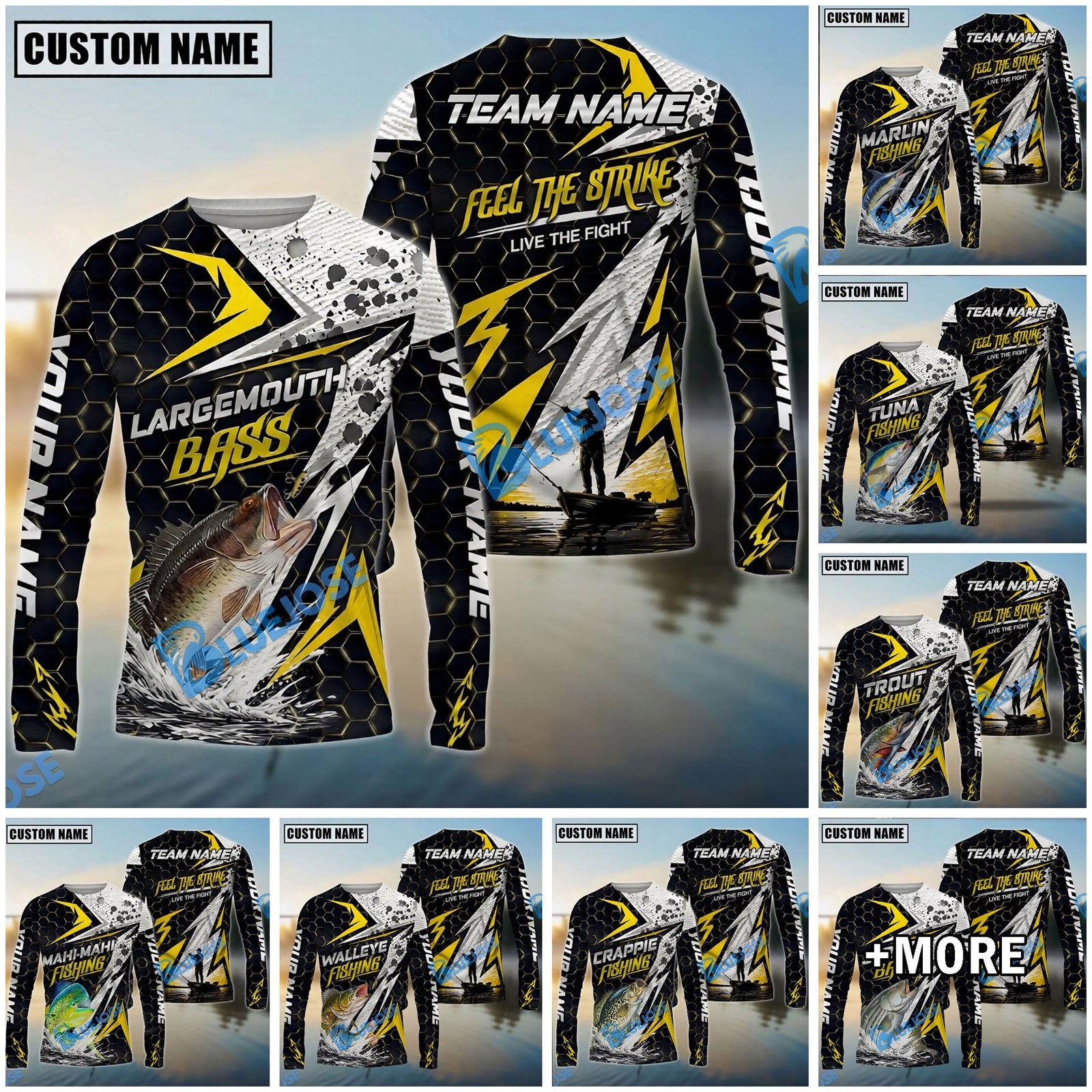 Bluejose Fishing Yellow Thunder Hexagonal Splatter Custom Name & Team Name 3D Shirts (12 Breeds)