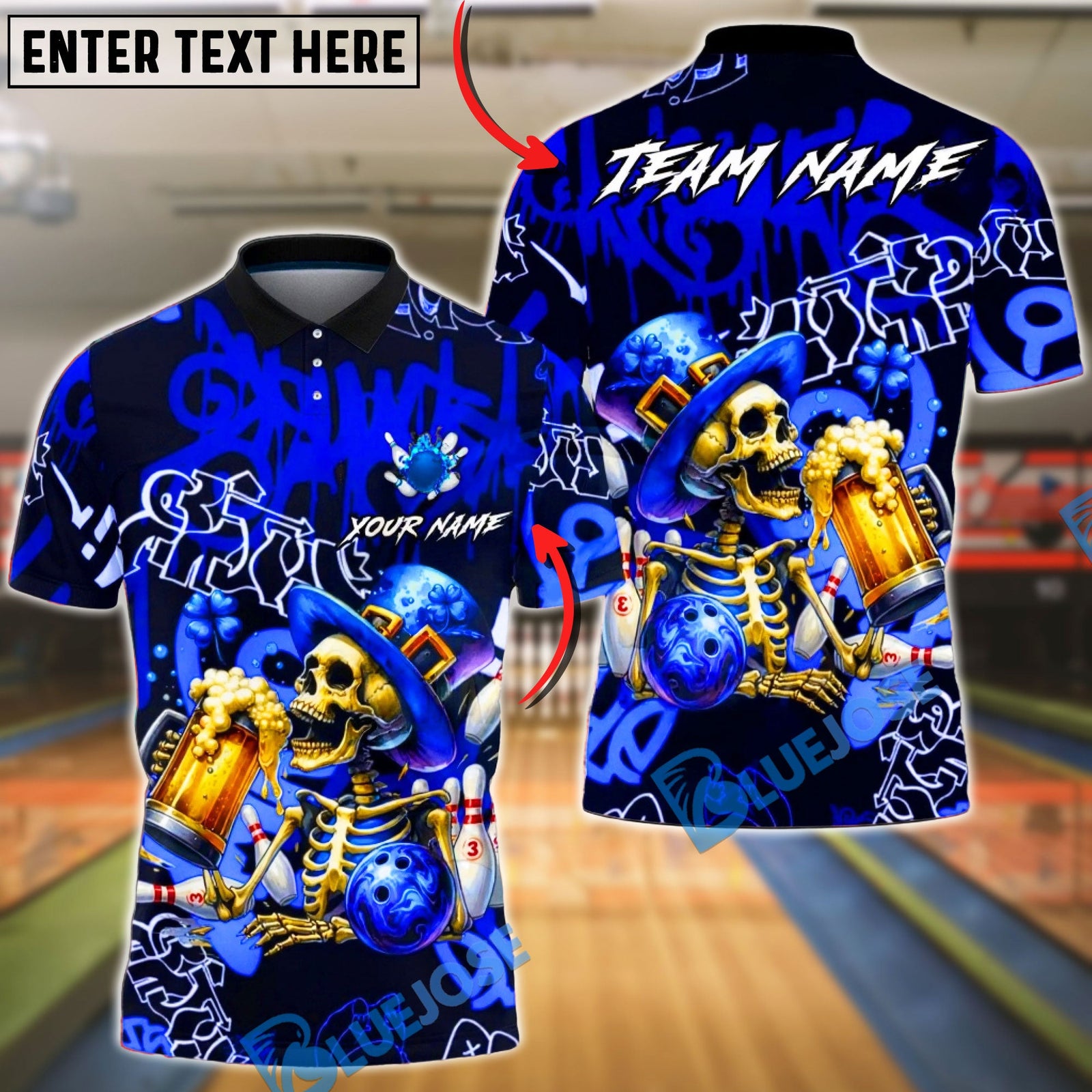 BlueJose Bowling & Pins Irish St Patrick Day Skeleton Beer Party Customized Name, Team Name 3D Shirt (4 Colors)