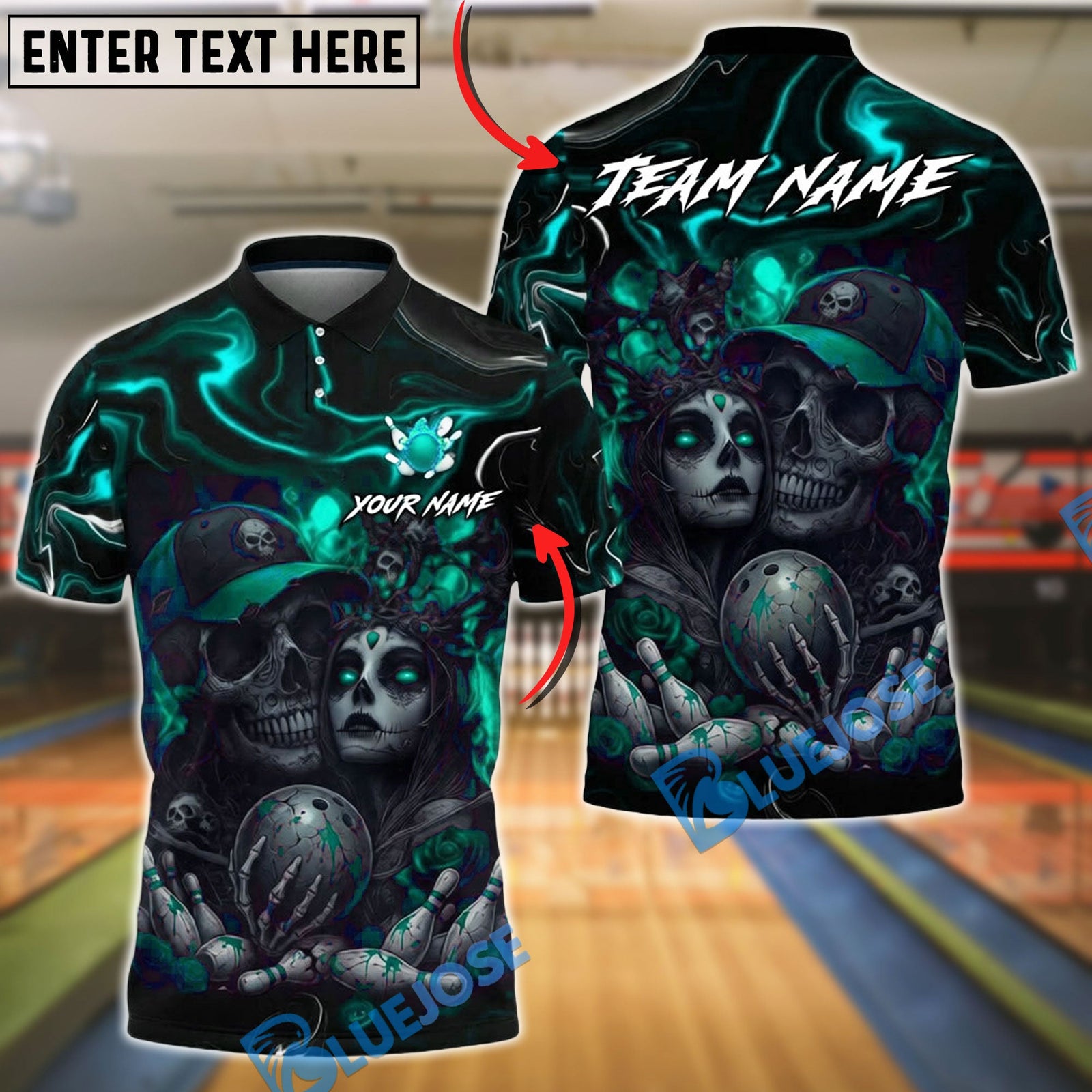 BlueJose Bowling & Pins Bloody Skull Couple Horror Art Customized Name, Team Name 3D Shirt (4 Colors)