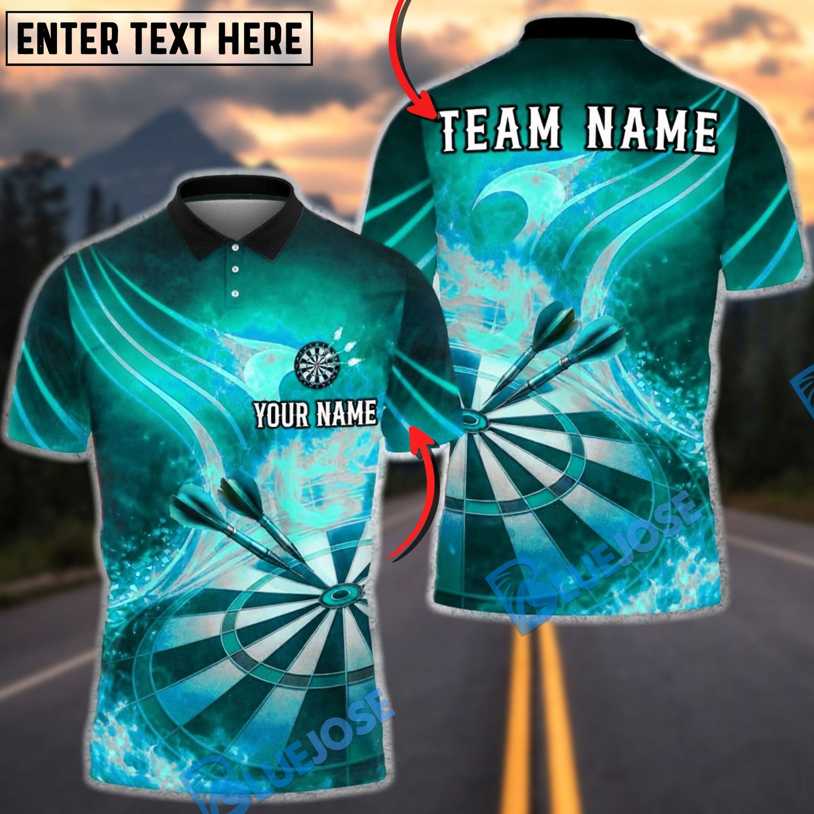 BlueJose Darts Dartboard Flaming Phoenix Style Personalized Name, Team Name Unisex Shirt (4 Colors)