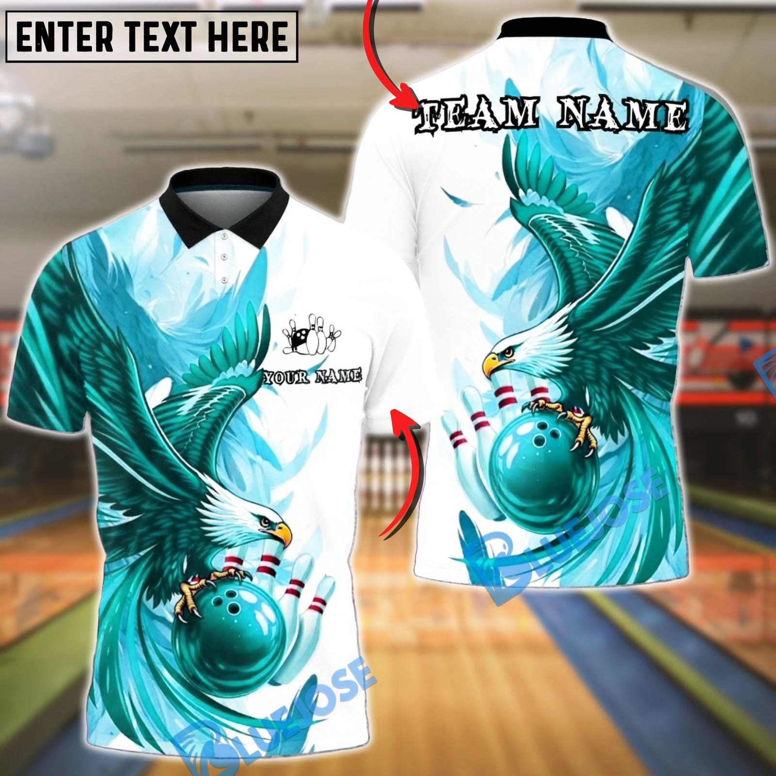 BlueJose Bowling & Pins Eagle Feather Strike Art Customized Name, Team Name 3D Shirt (4 Colors)