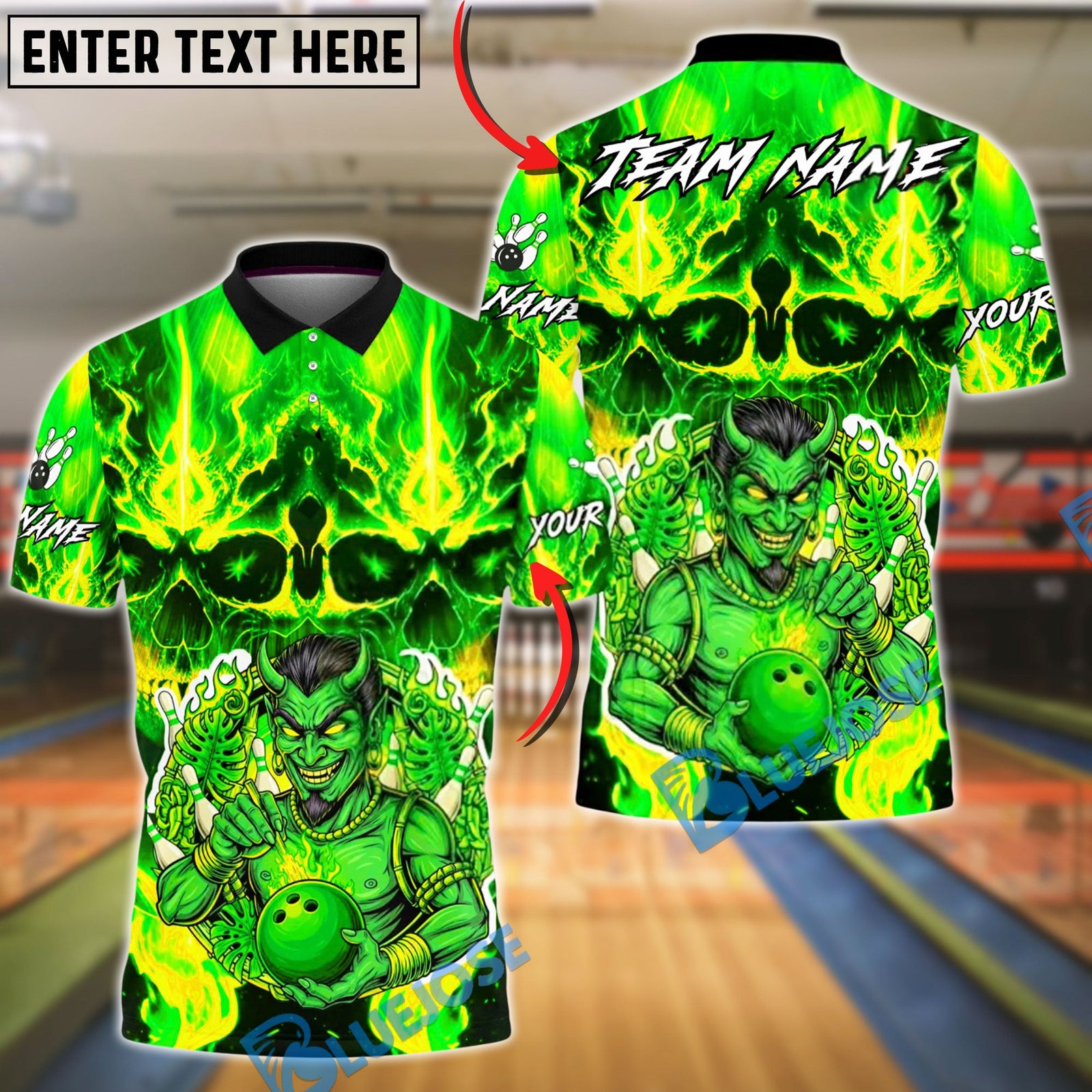 BlueJose Bowling & Pins Inferno Demon Flaming Design Customized Name, Team Name 3D Shirt (4 Colors)